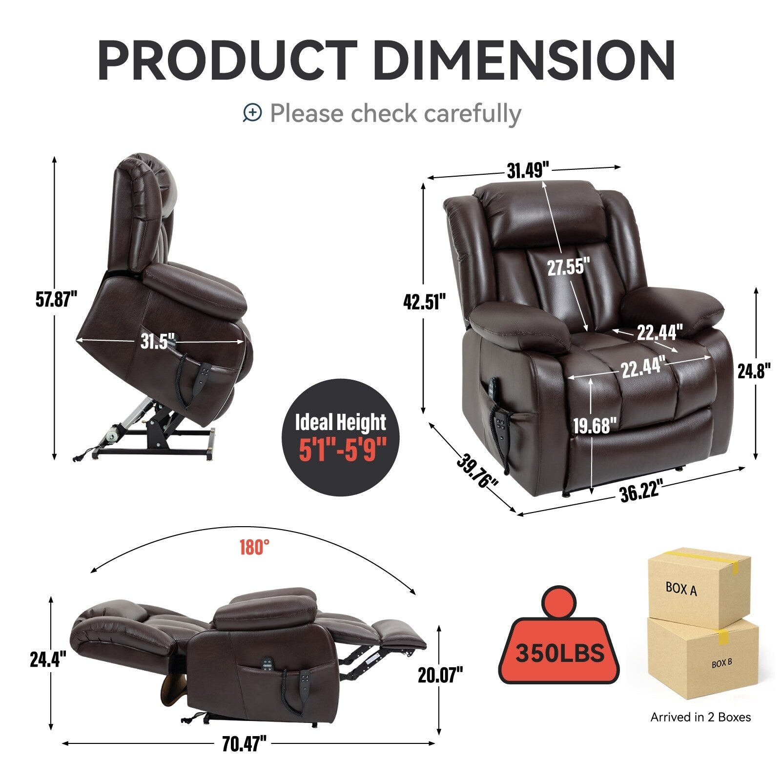 Fauteuil inclinable électrique avec deux moteurs, massage par vibrations à 8 points et chauffage lombaire
