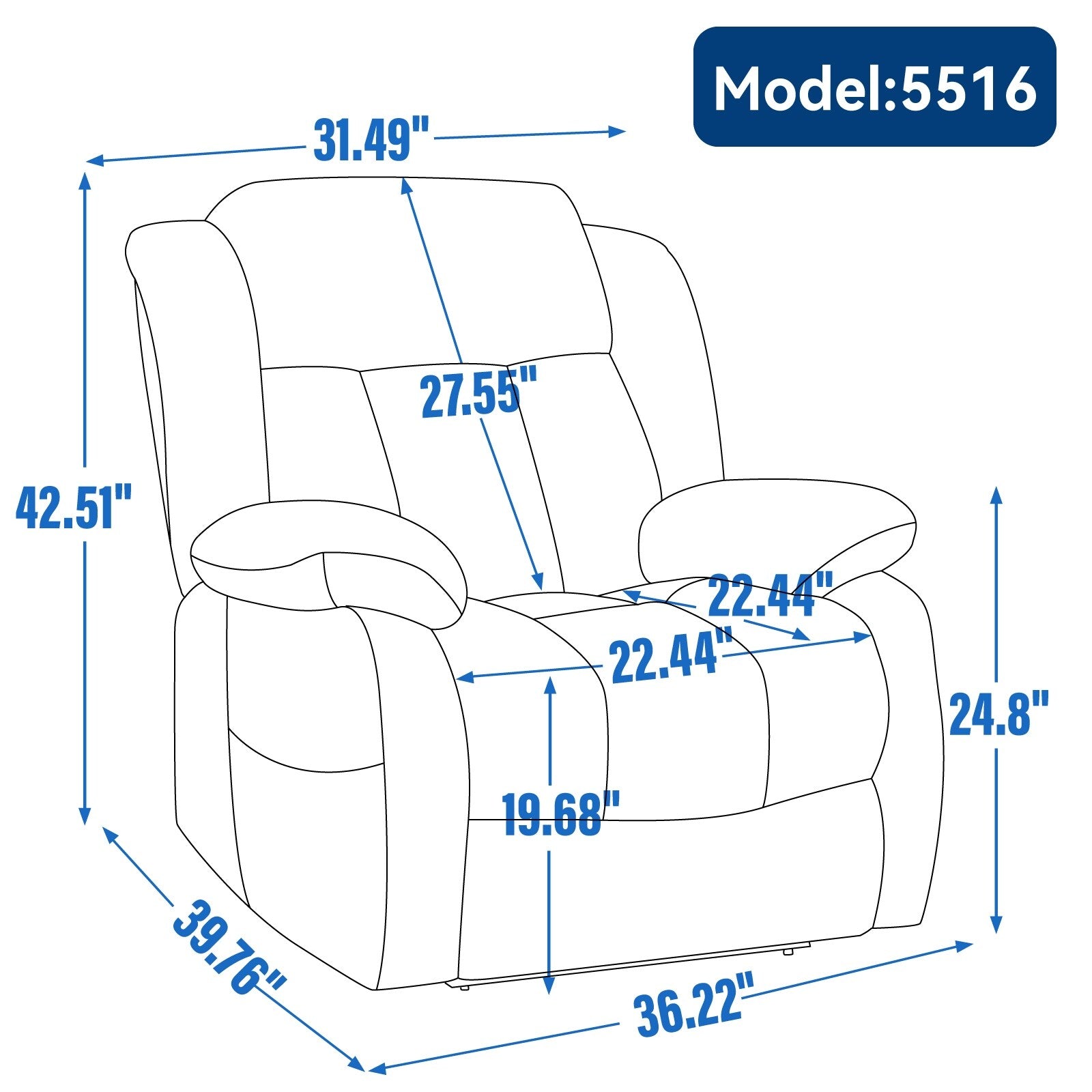 Fauteuil inclinable électrique avec deux moteurs, massage par vibrations à 8 points et chauffage lombaire