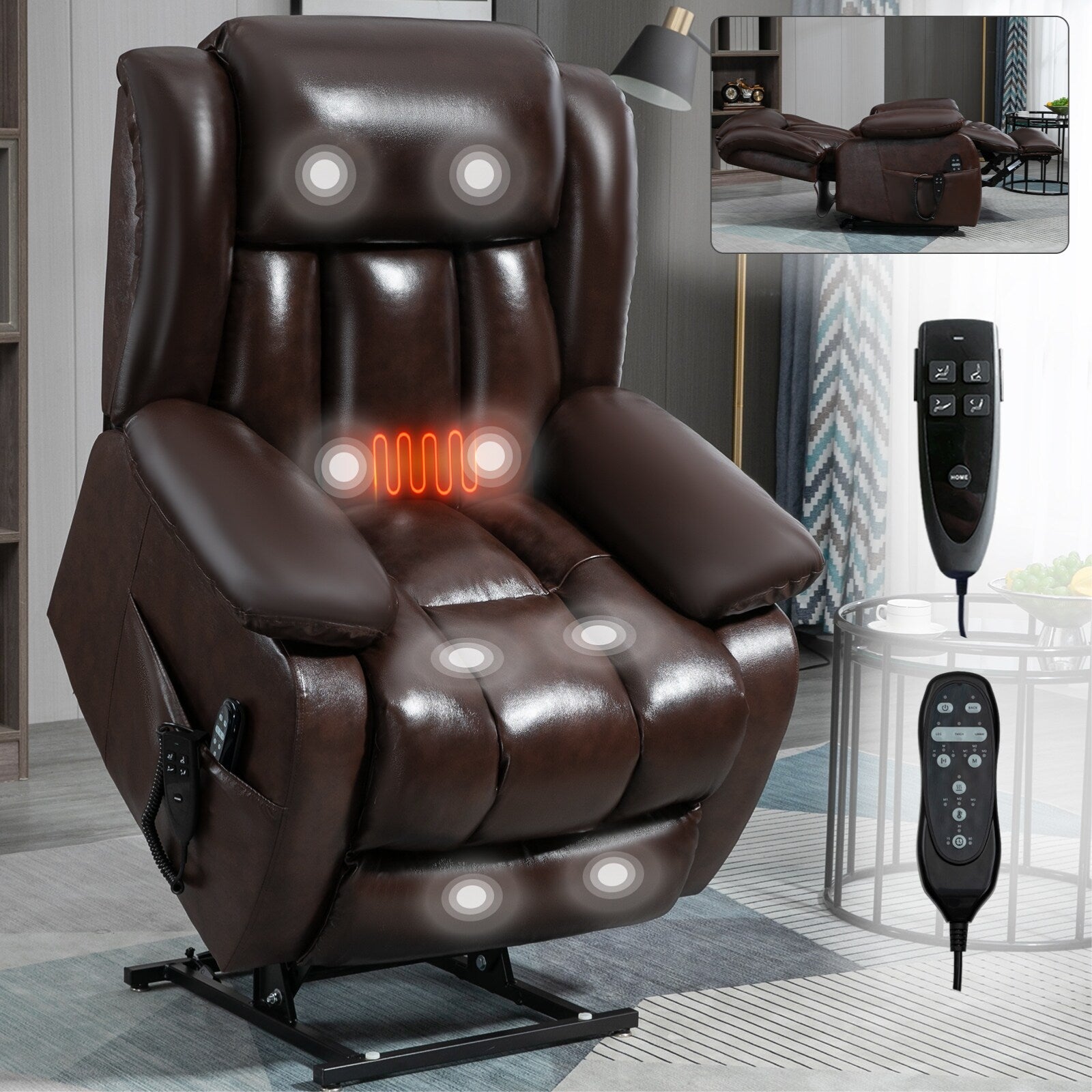 Fauteuil inclinable électrique avec deux moteurs, massage par vibrations à 8 points et chauffage lombaire