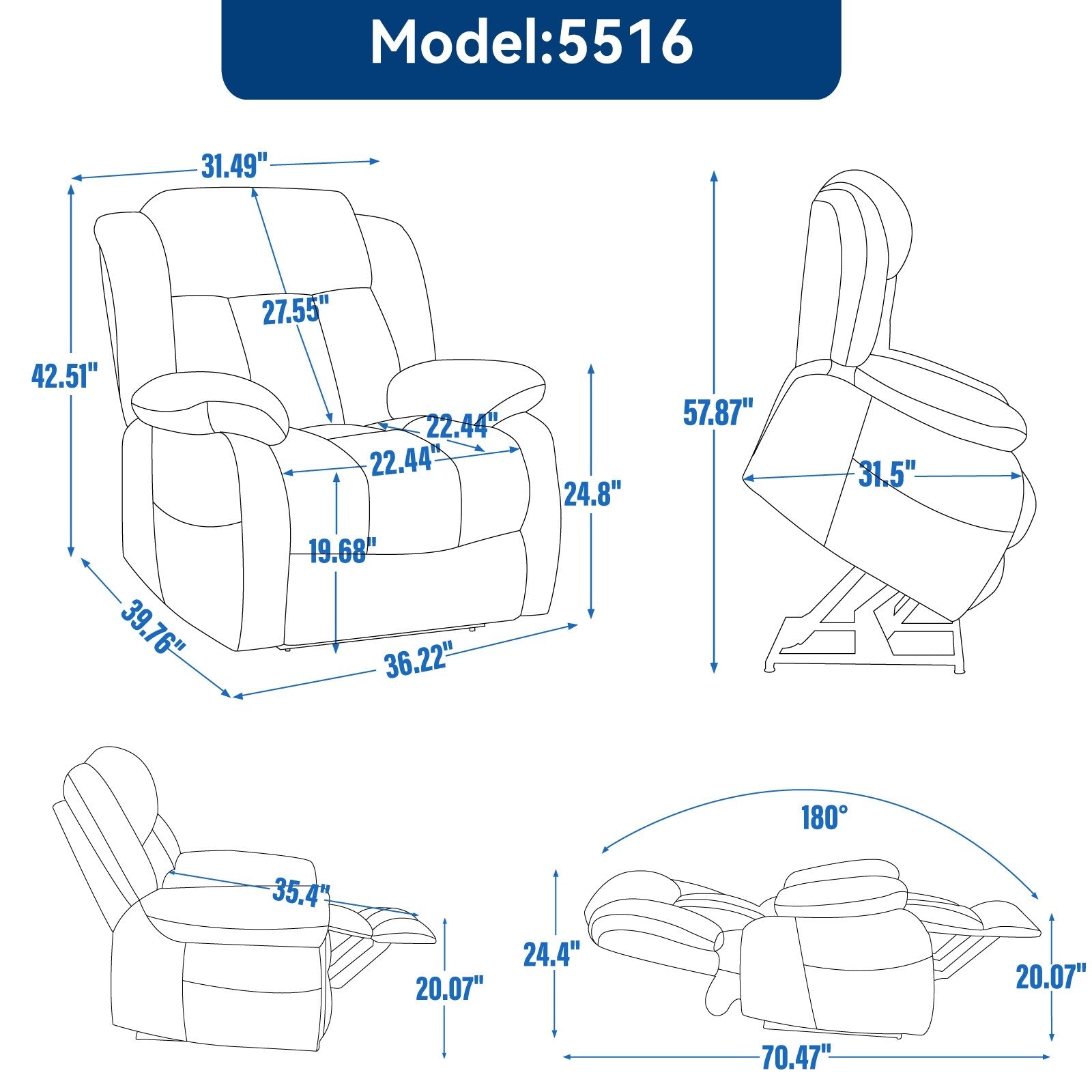 Fauteuil inclinable électrique avec deux moteurs, massage par vibrations à 8 points et chauffage lombaire