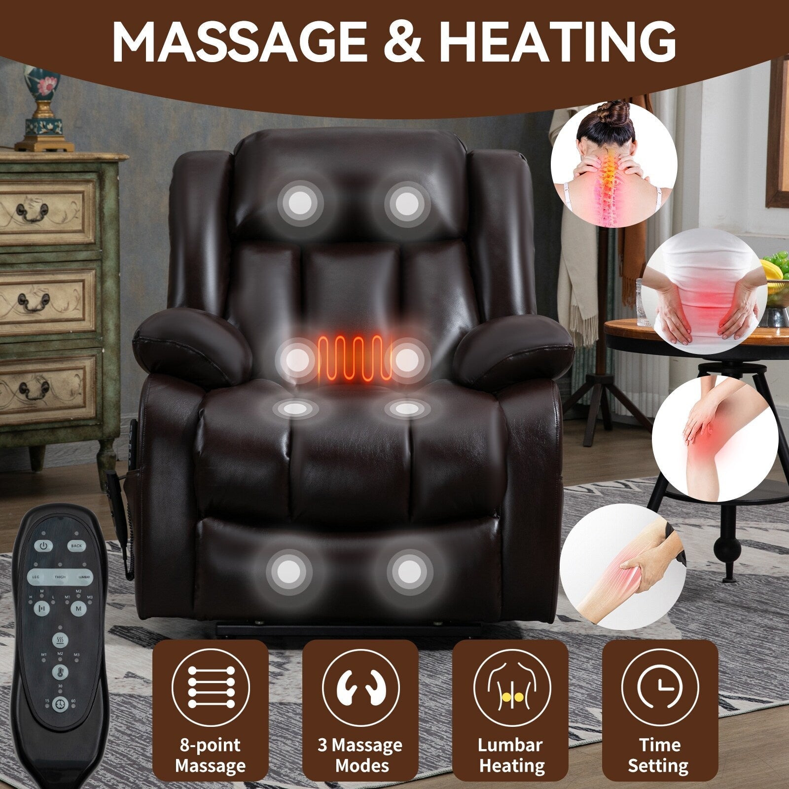 Fauteuil inclinable électrique avec deux moteurs, massage par vibrations à 8 points et chauffage lombaire