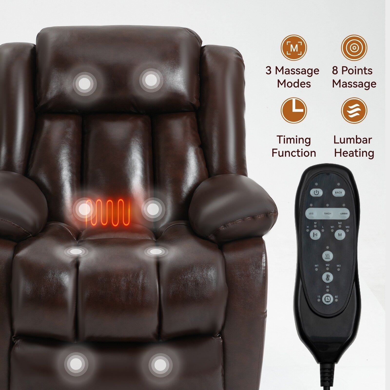 Fauteuil inclinable électrique avec deux moteurs, massage par vibrations à 8 points et chauffage lombaire