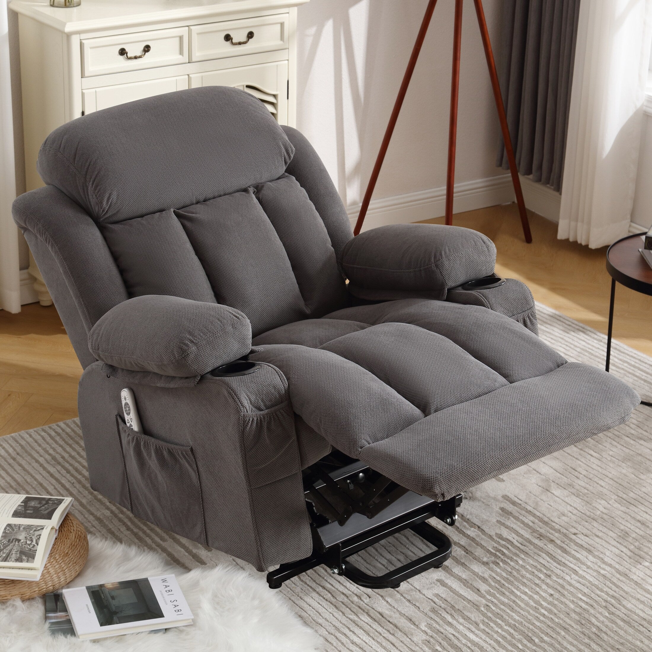 Fauteuil inclinable électrique avec chauffage et massage, chargement USB, télécommande et poches latérales pour personnes âgées