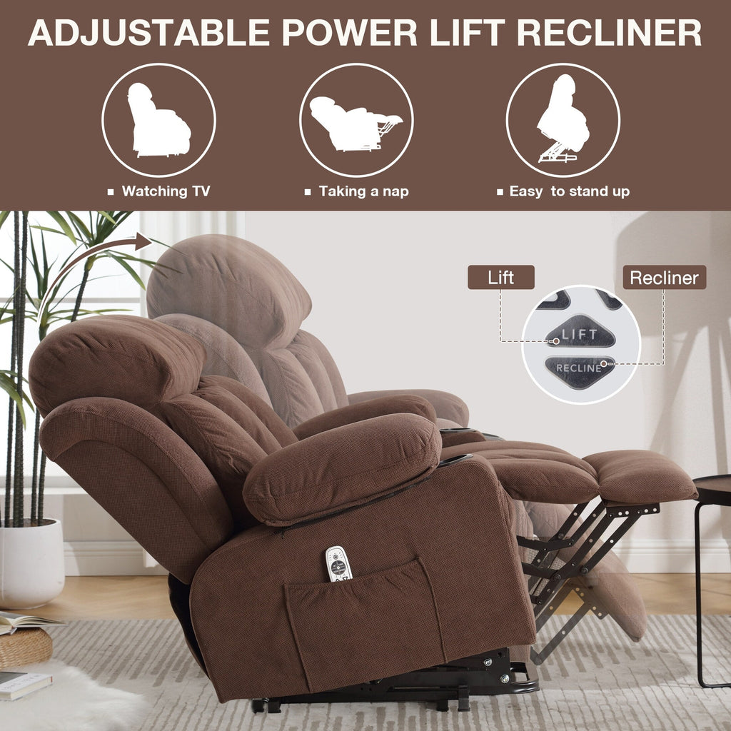 Fauteuil inclinable électrique avec chauffage et massage, chargement USB, télécommande et poches latérales pour personnes âgées