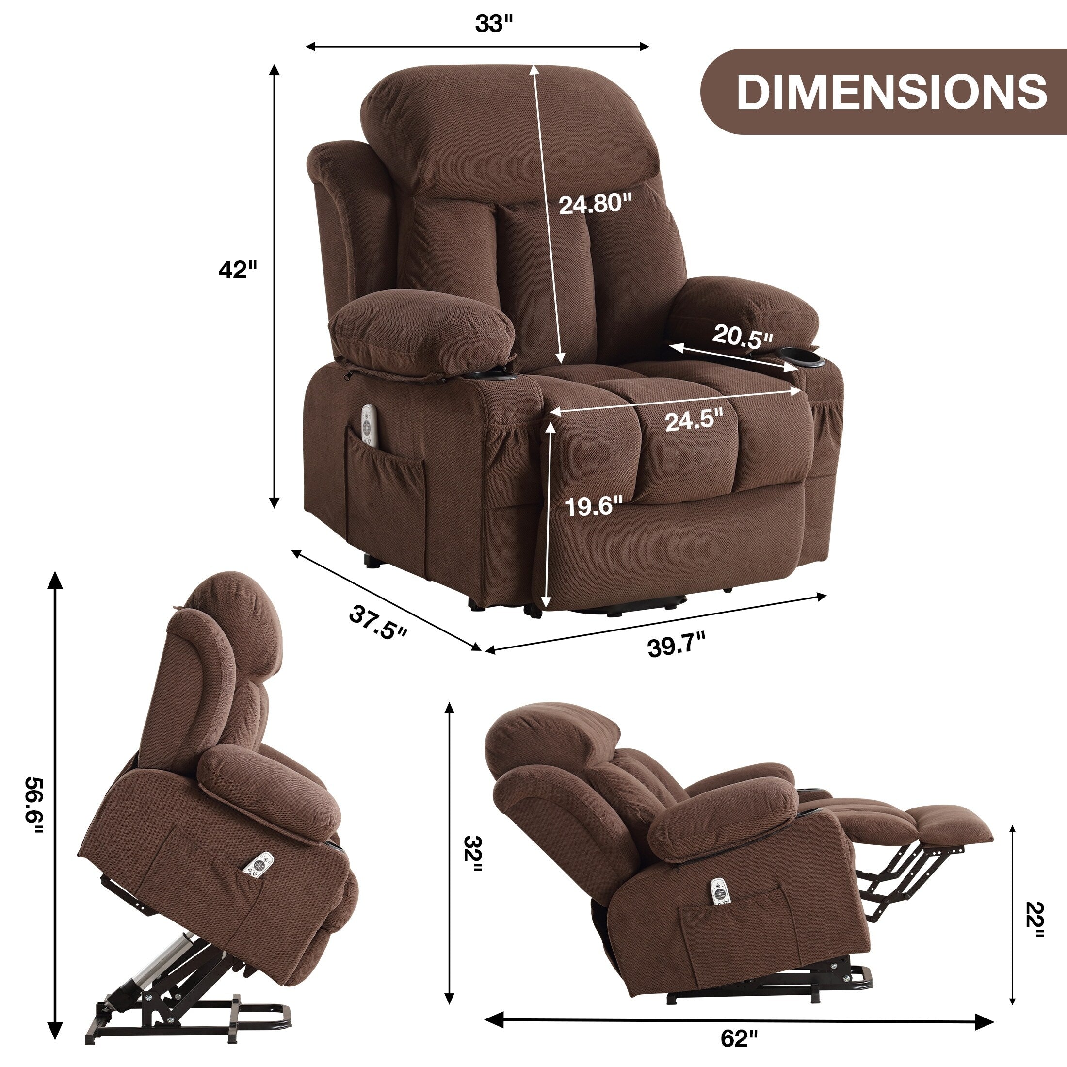 Fauteuil inclinable électrique avec chauffage et massage, chargement USB, télécommande et poches latérales pour personnes âgées