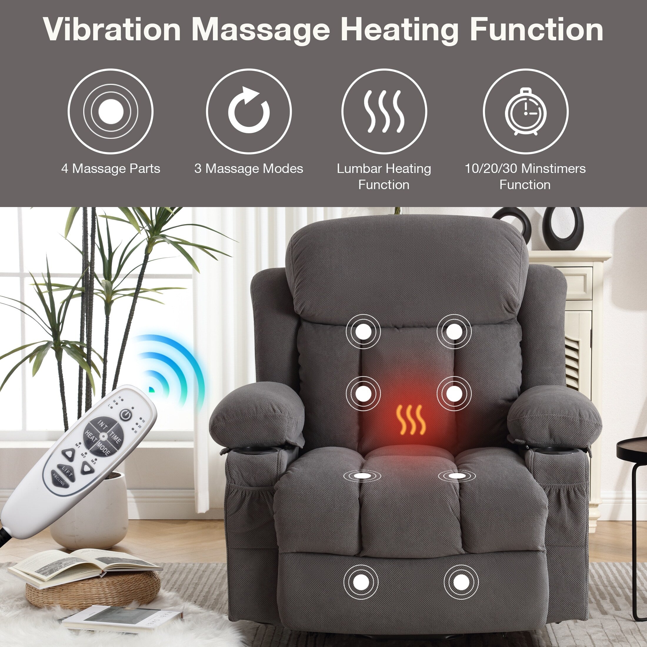 Fauteuil inclinable électrique avec chauffage et massage, chargement USB, télécommande et poches latérales pour personnes âgées