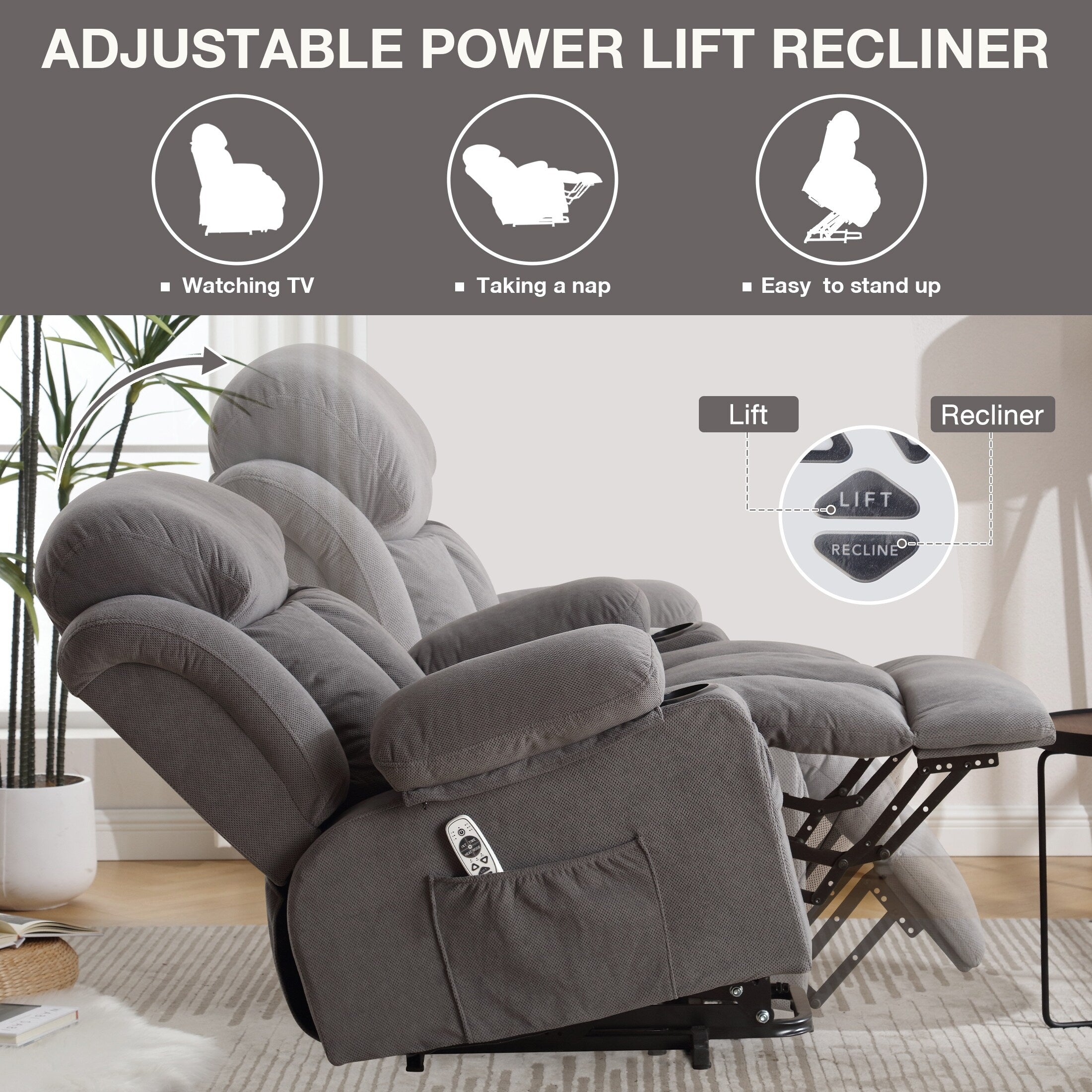 Fauteuil inclinable électrique avec chauffage et massage, chargement USB, télécommande et poches latérales pour personnes âgées