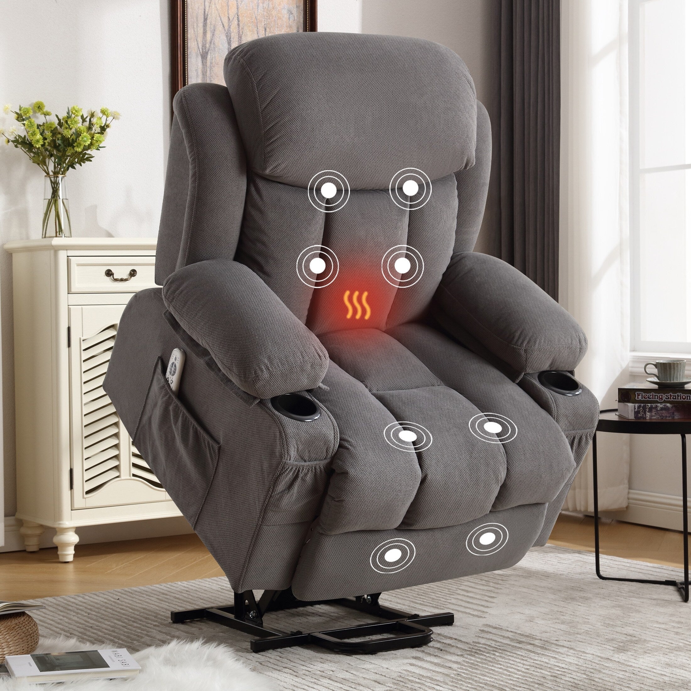 Fauteuil inclinable électrique avec chauffage et massage, chargement USB, télécommande et poches latérales pour personnes âgées