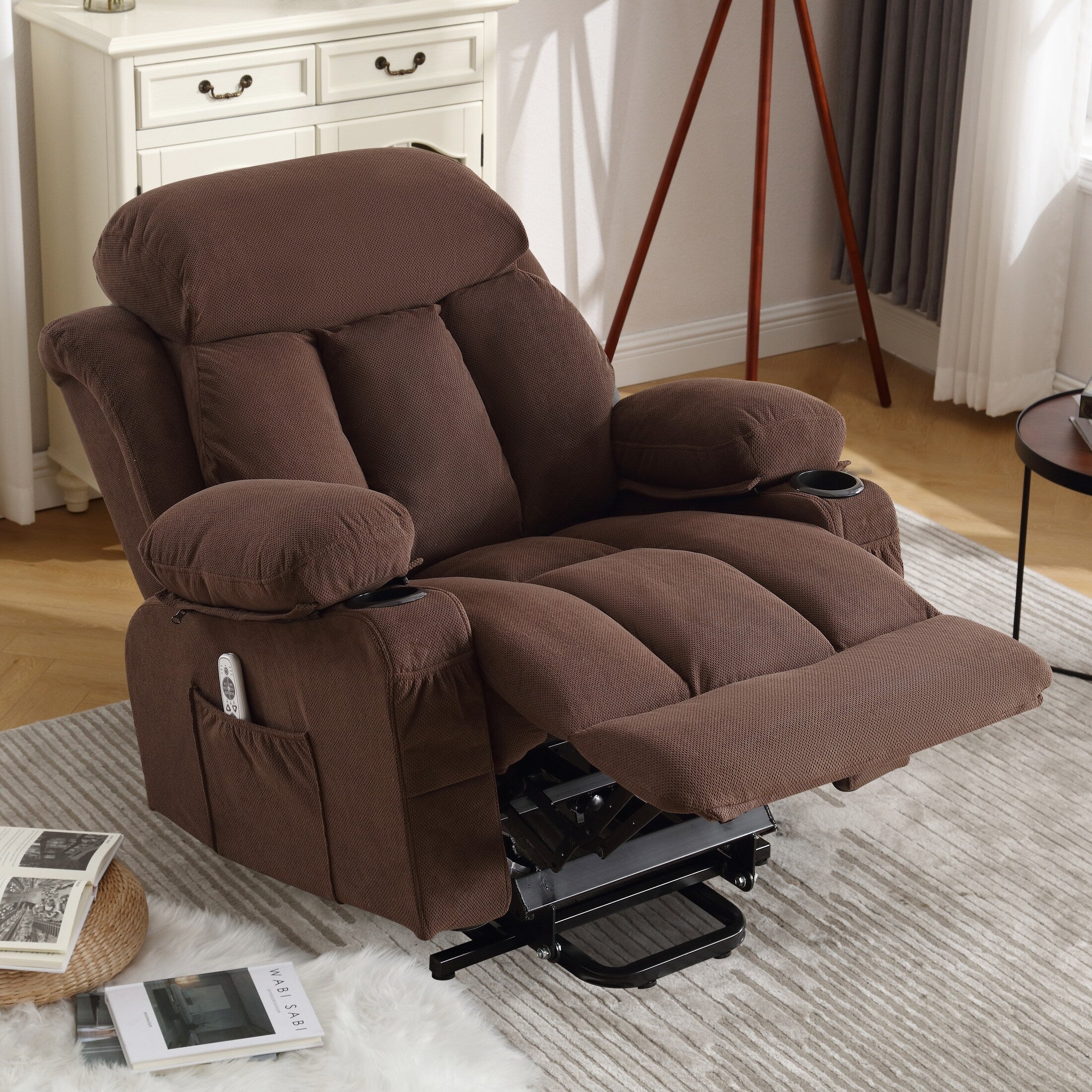 Fauteuil inclinable électrique avec chauffage et massage, chargement USB, télécommande et poches latérales pour personnes âgées