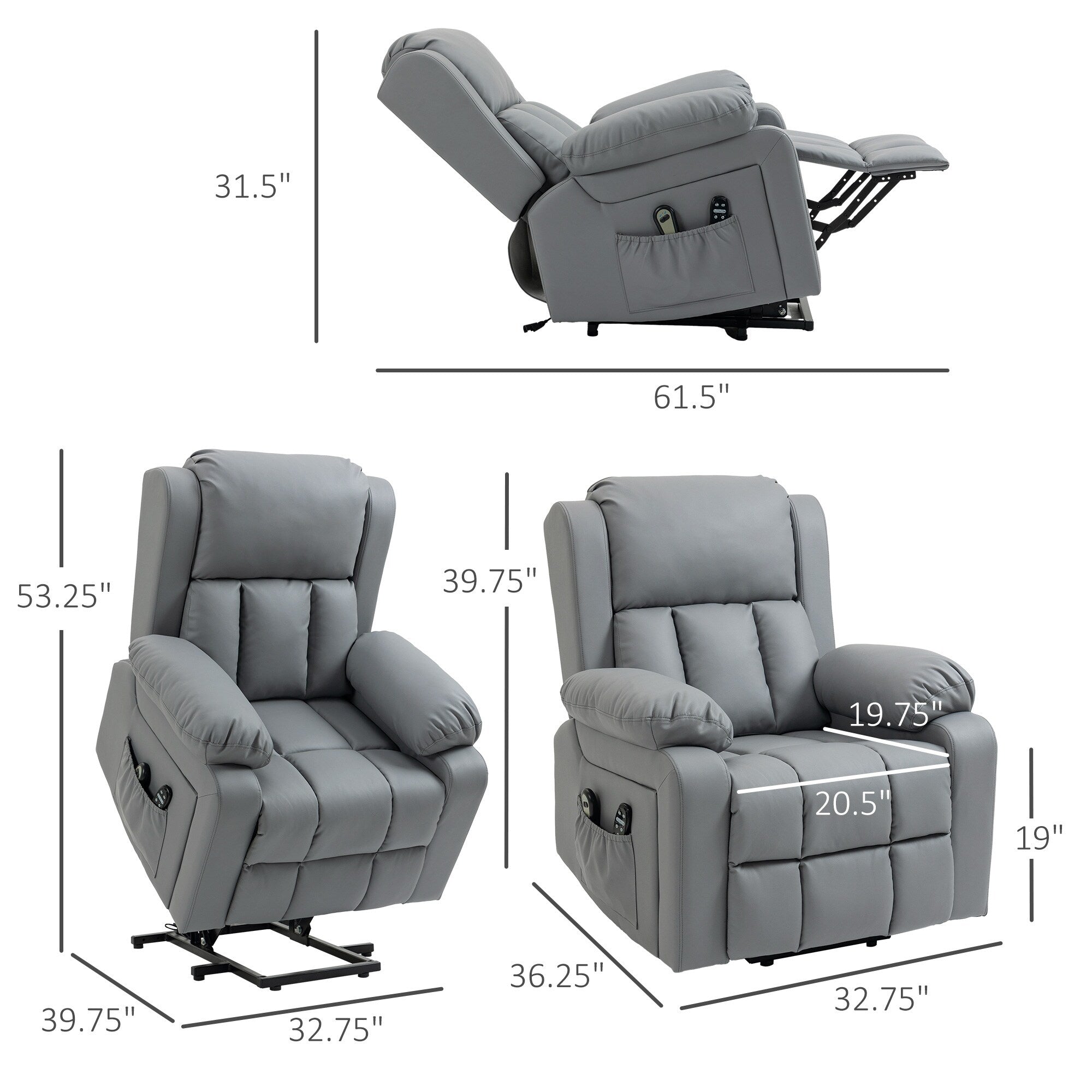 Fauteuil inclinable électrique avec massage par vibration, chauffage, télécommande et poches latérales