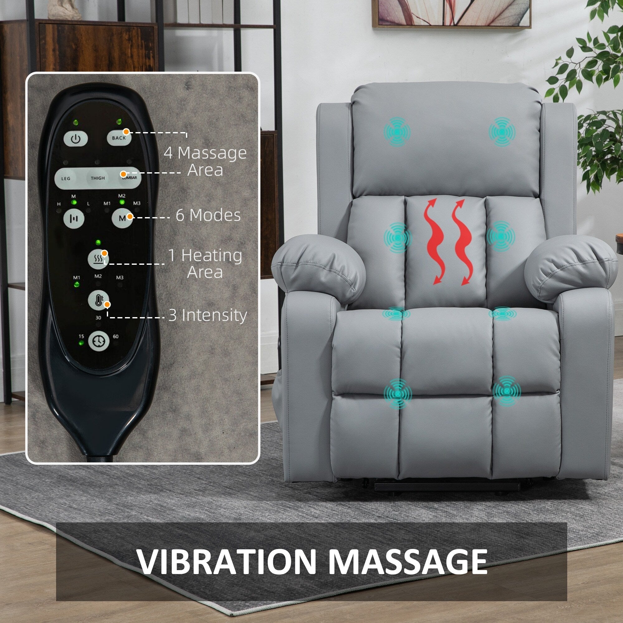 Fauteuil inclinable électrique avec massage par vibration, chauffage, télécommande et poches latérales