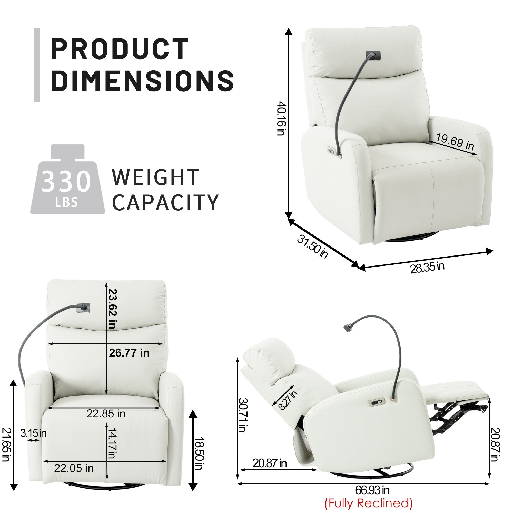 Fauteuil inclinable électrique pivotant à 270°, ports USB et repose-pieds réglable pour salon et chambre d'enfant