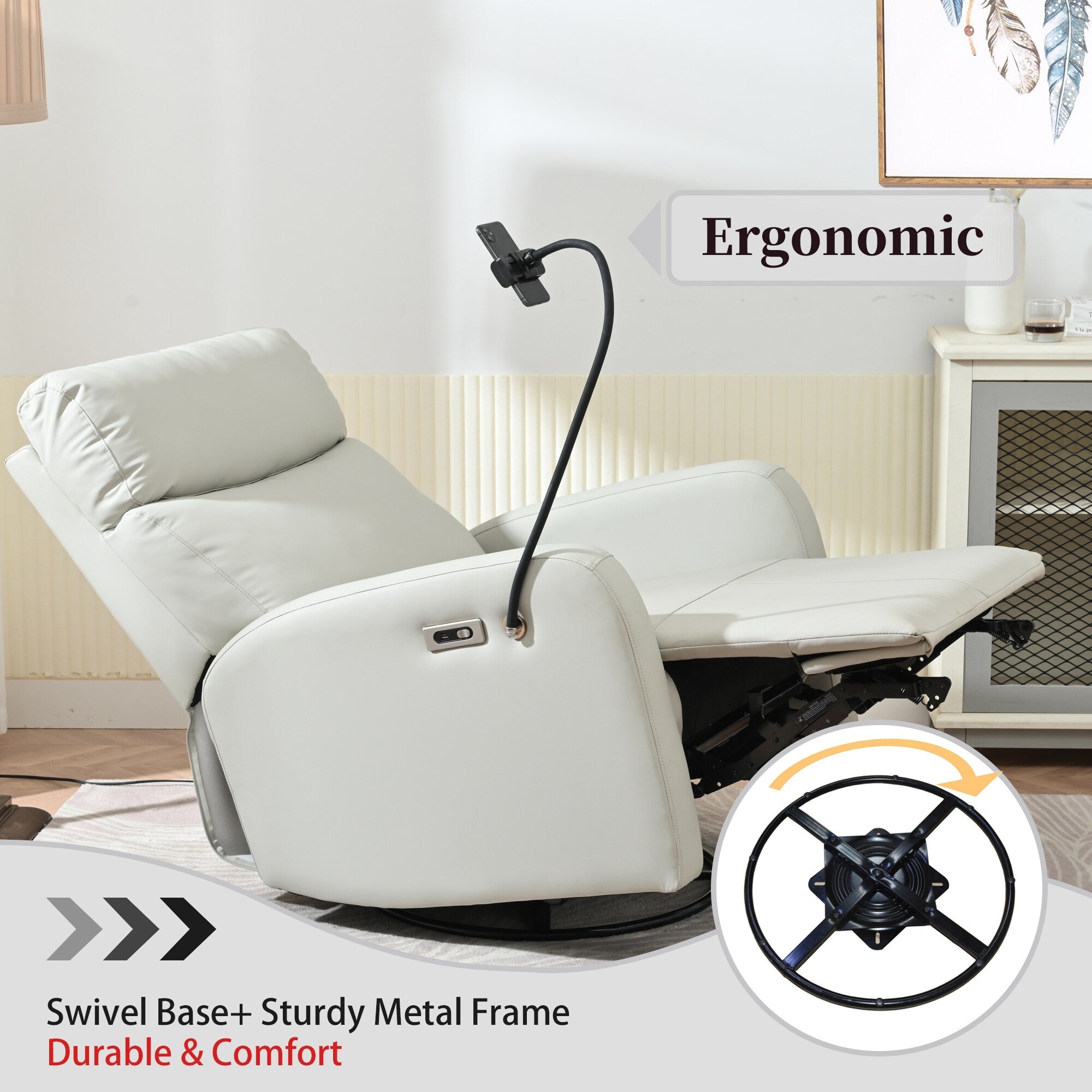 Fauteuil inclinable électrique pivotant à 270°, ports USB et repose-pieds réglable pour salon et chambre d'enfant