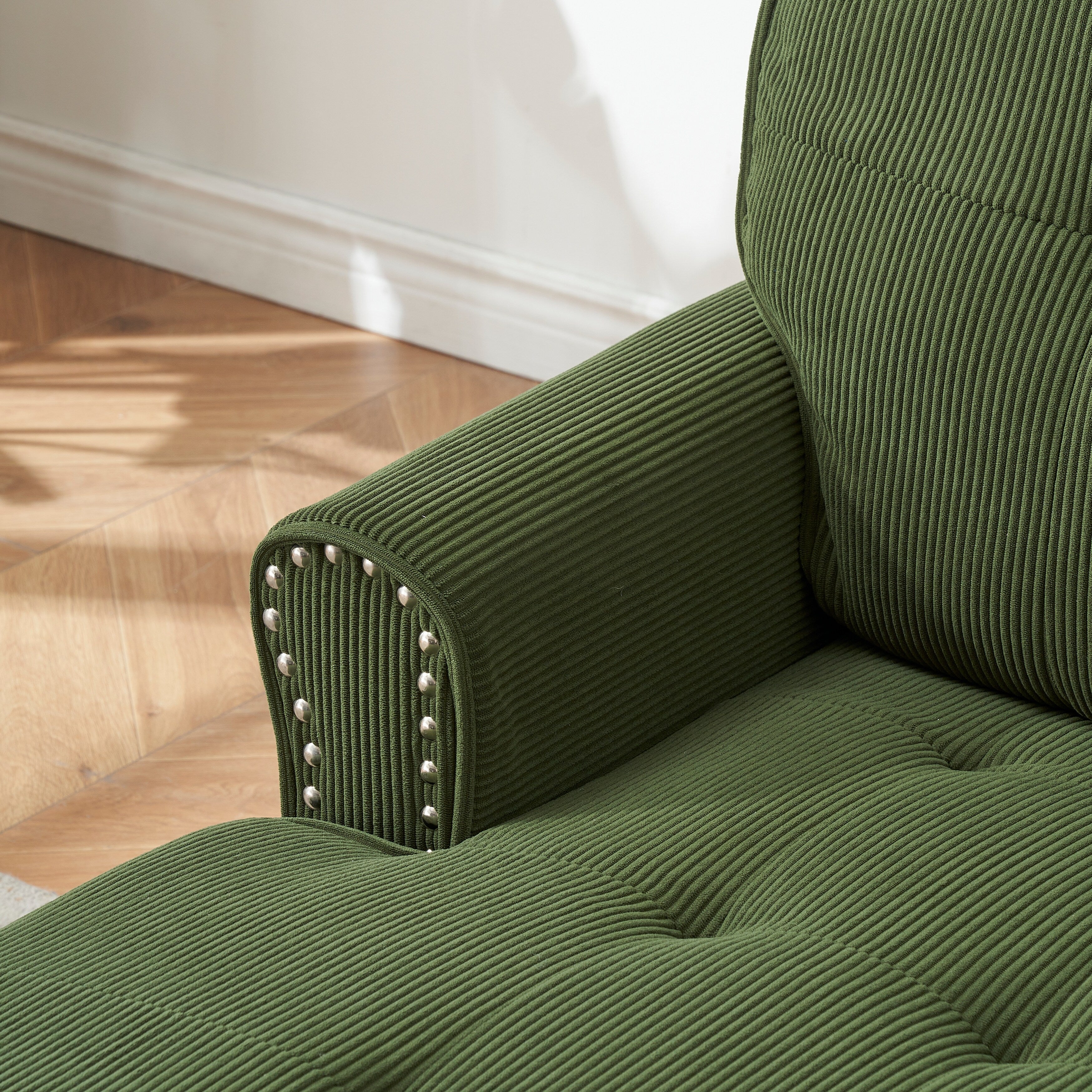 Fauteuil inclinable d'intérieur élégant en velours côtelé, fauteuil de salon rembourré, canapé-lit, banc de rangement avec garniture cloutée