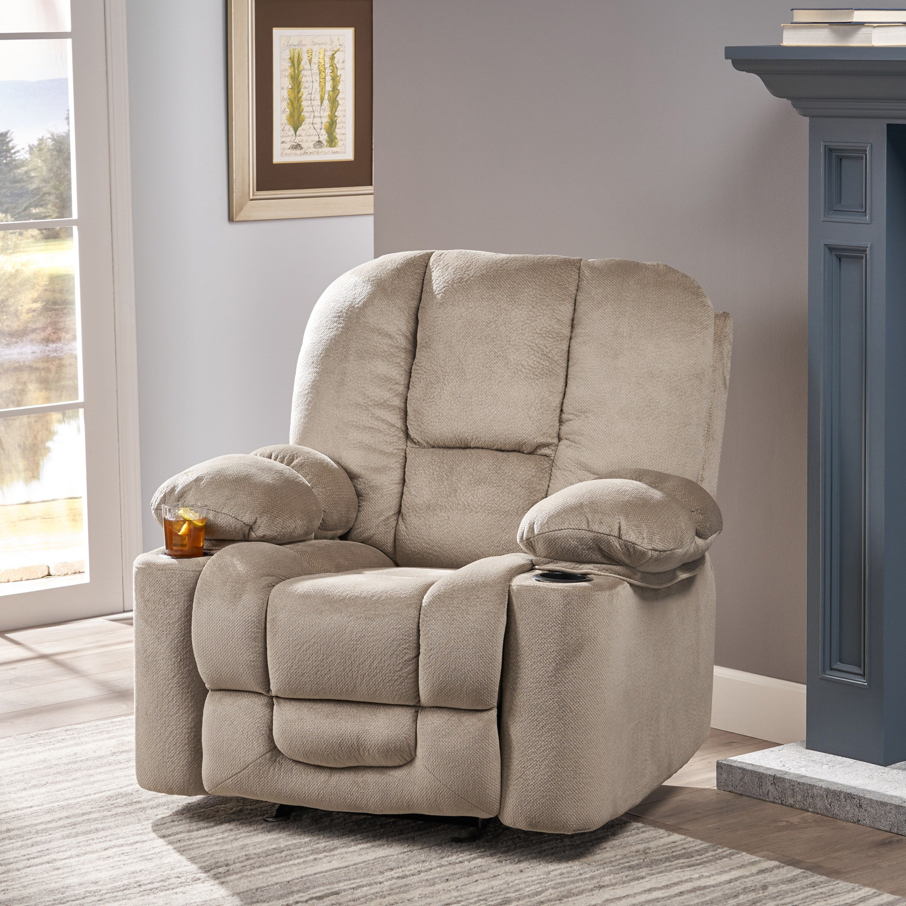Fauteuil inclinable manuel élégant avec tissu doux pour la peau, confort moelleux et deux porte-gobelets