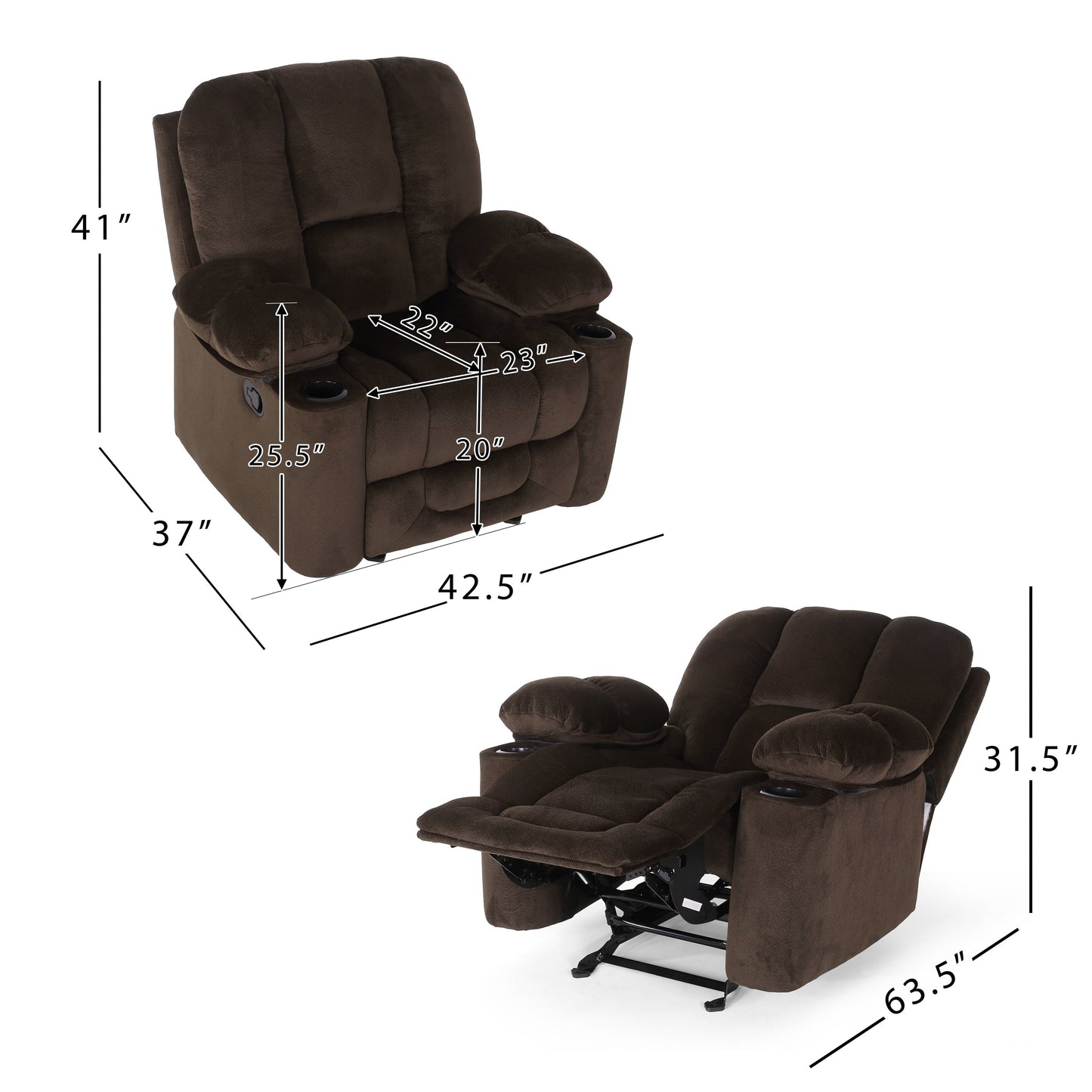 Fauteuil inclinable manuel élégant avec tissu doux pour la peau, confort moelleux et deux porte-gobelets
