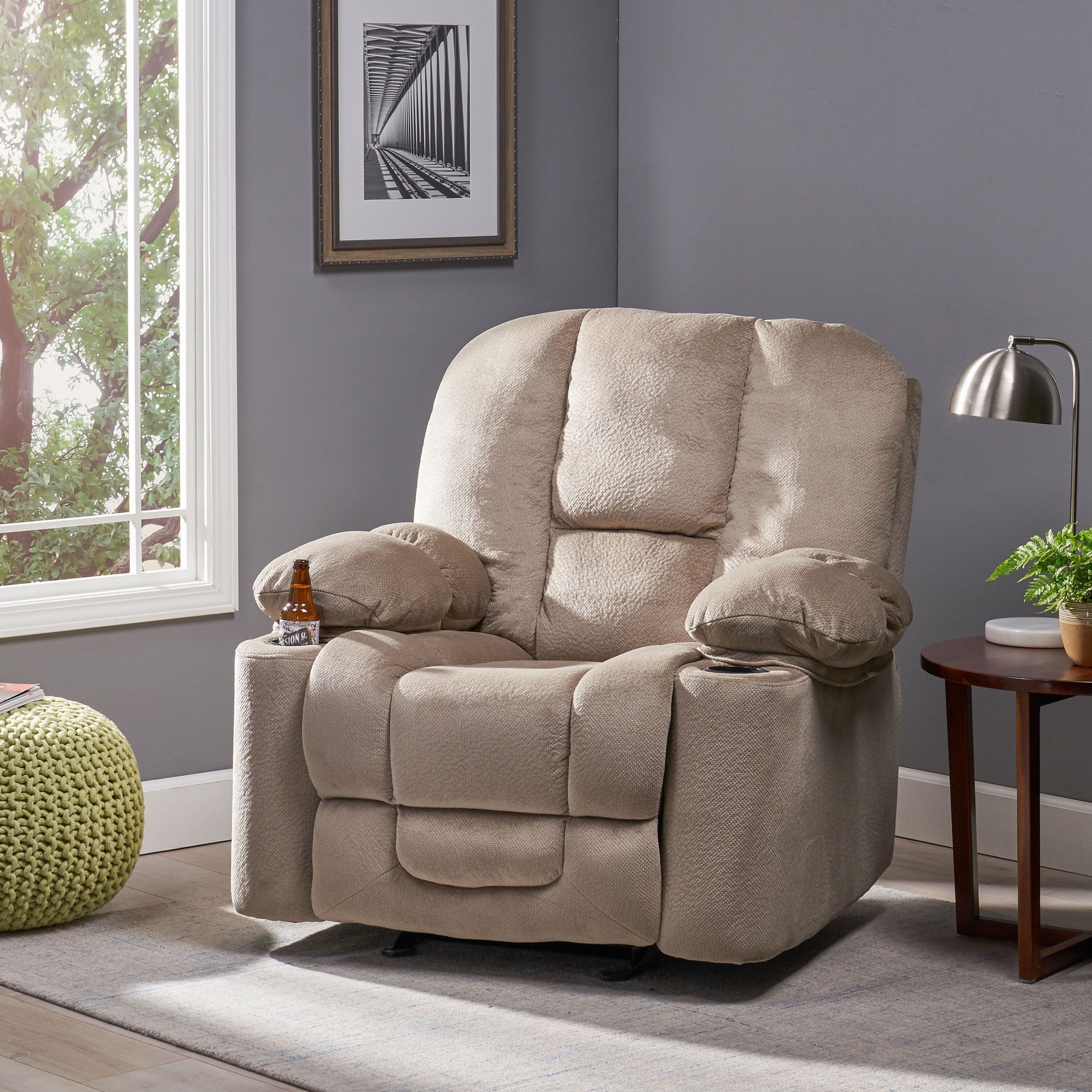 Fauteuil inclinable manuel élégant avec tissu doux pour la peau, confort moelleux et deux porte-gobelets