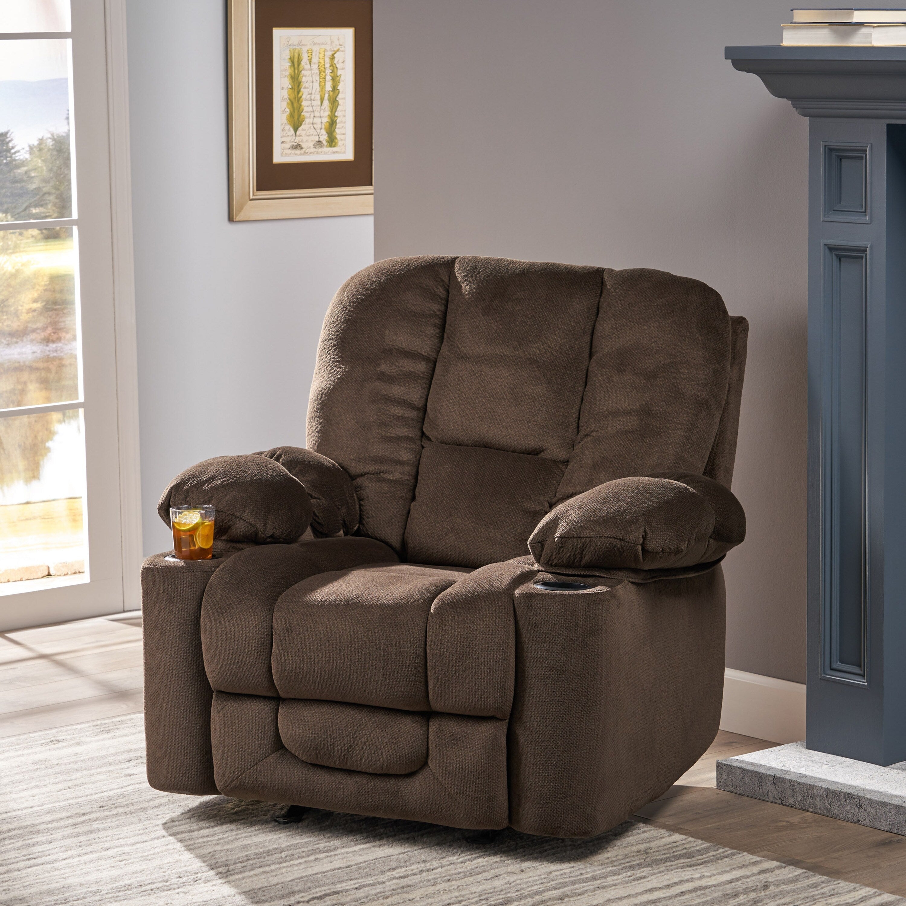 Fauteuil inclinable manuel élégant avec tissu doux pour la peau, confort moelleux et deux porte-gobelets