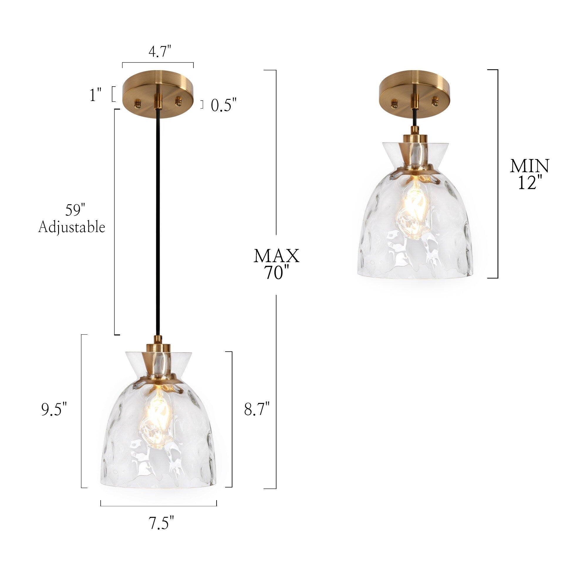 Suspension moderne du milieu du siècle Elisie à 1 lumière en verre martelé avec dôme en cascade pour cuisine, îlot de cuisine, salle à manger