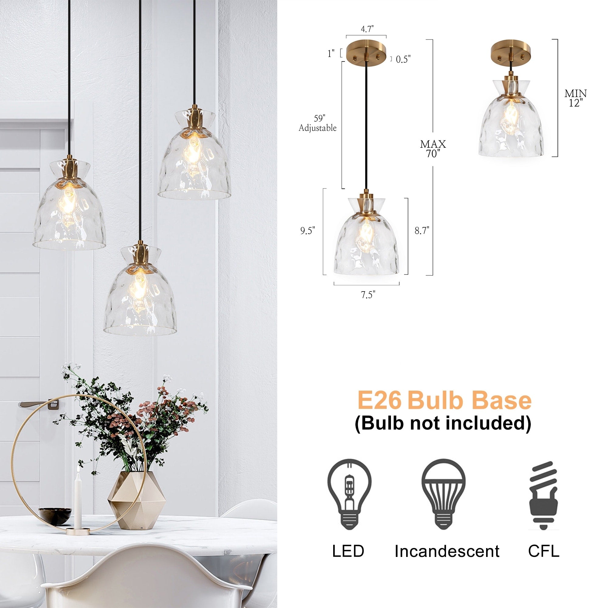 Suspension moderne du milieu du siècle Elisie à 1 lumière en verre martelé avec dôme en cascade pour cuisine, îlot de cuisine, salle à manger
