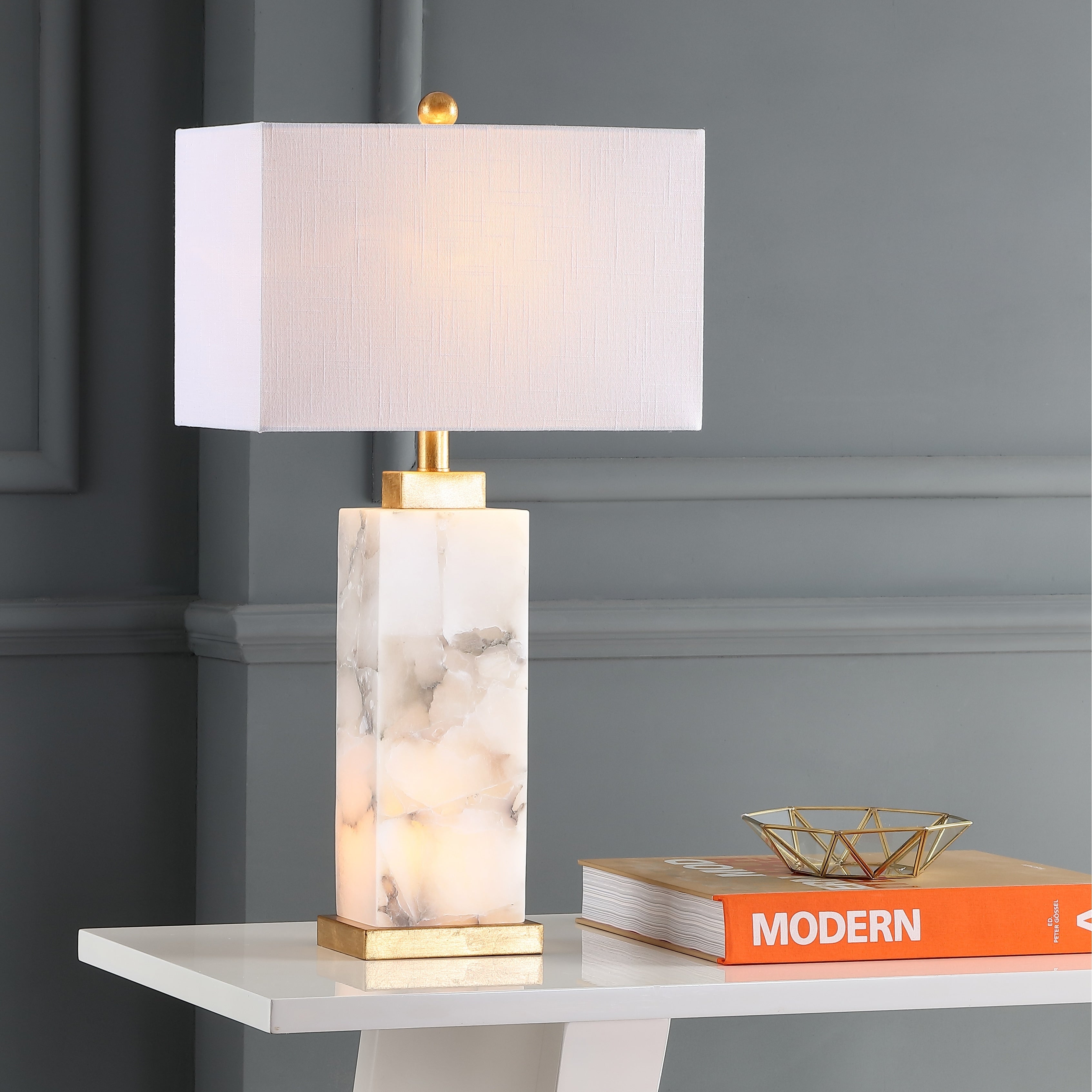 Lampe de table LED Eloise 27,5 en albâtre, blanc/feuille d'or par JONATHAN Y