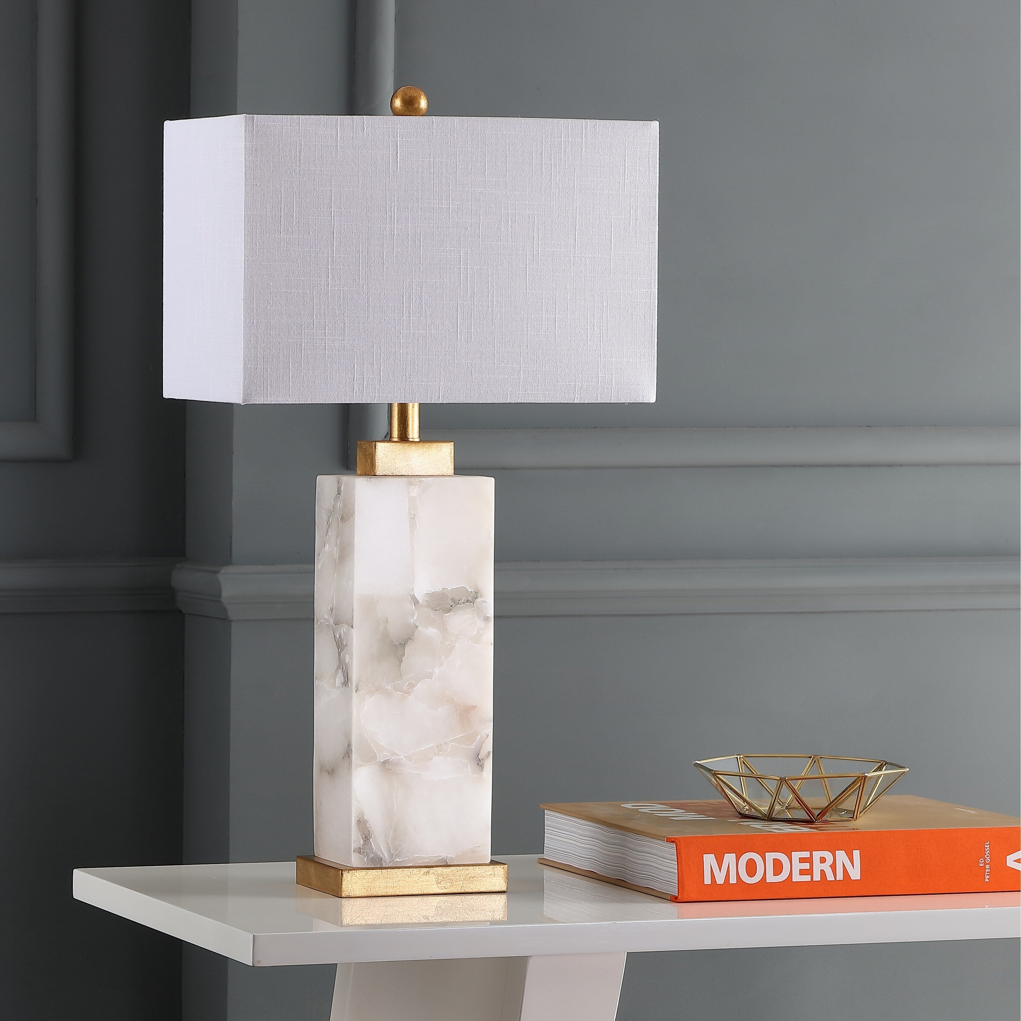 Lampe de table LED Eloise 27,5 en albâtre, blanc/feuille d'or par JONATHAN Y