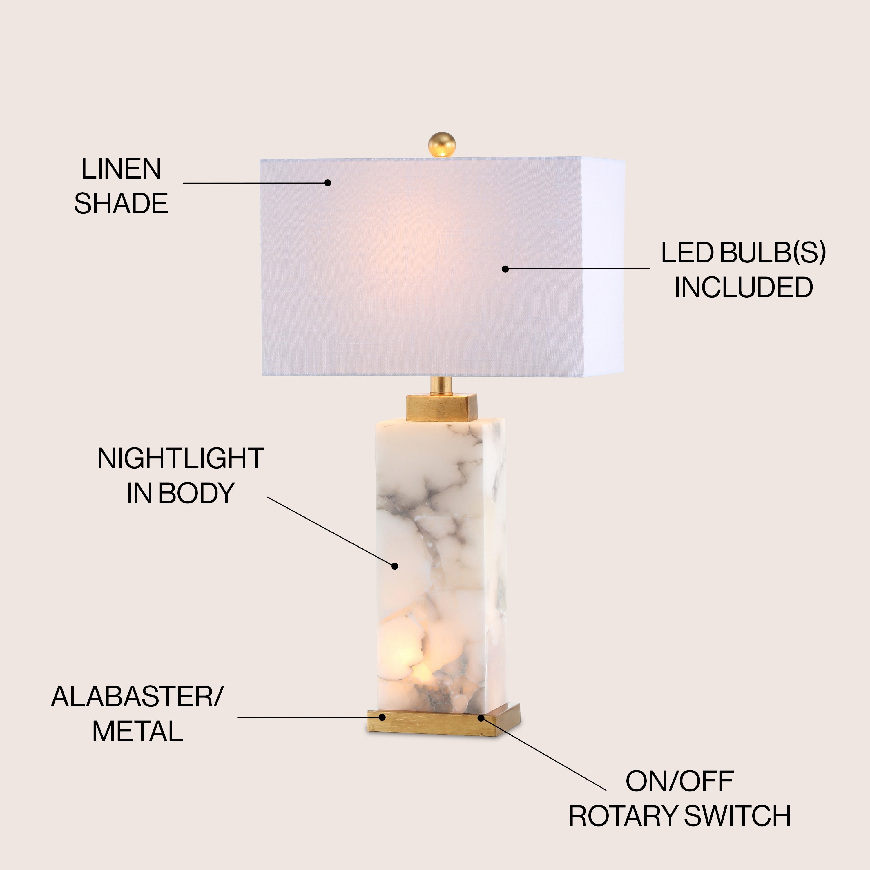 Lampe de table LED Eloise 27,5 en albâtre, blanc/feuille d'or par JONATHAN Y