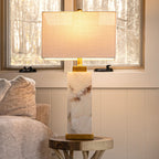 Lampe de table LED Eloise 27,5 en albâtre, blanc/feuille d'or par JONATHAN Y