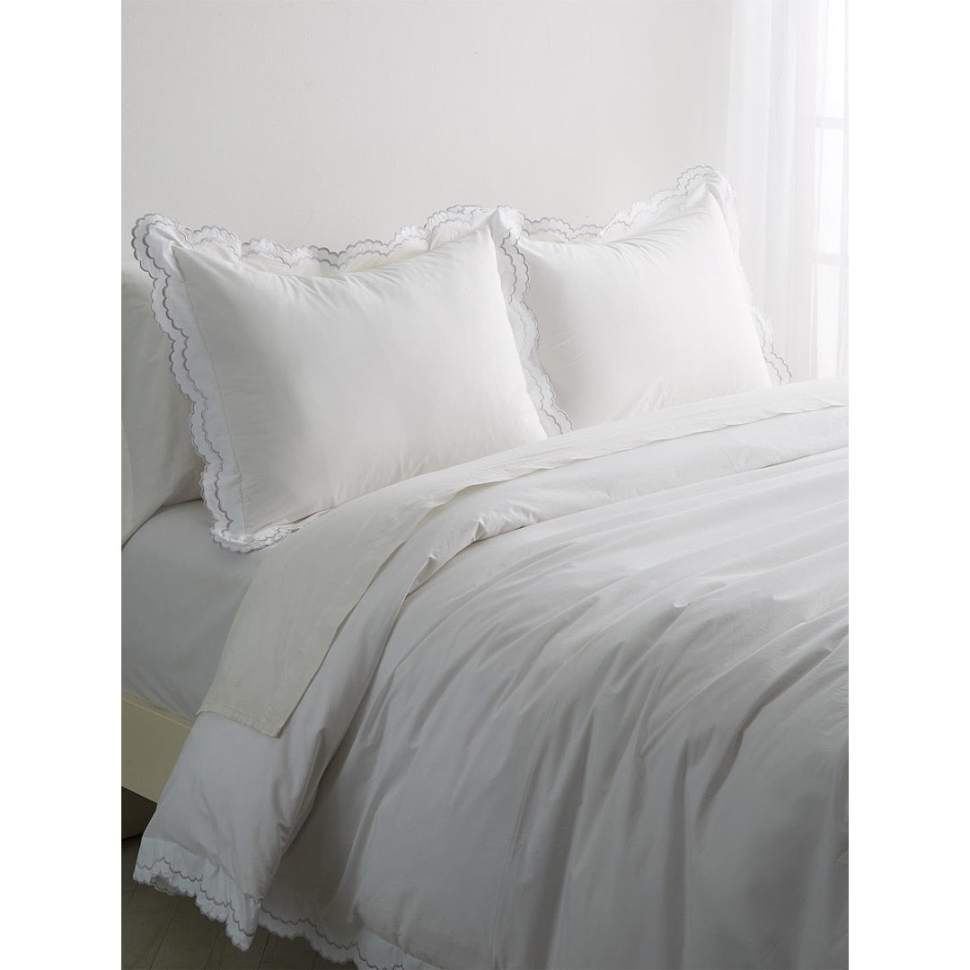 Parure de couette et taie d'oreiller double en percale de coton brodée et festonnée