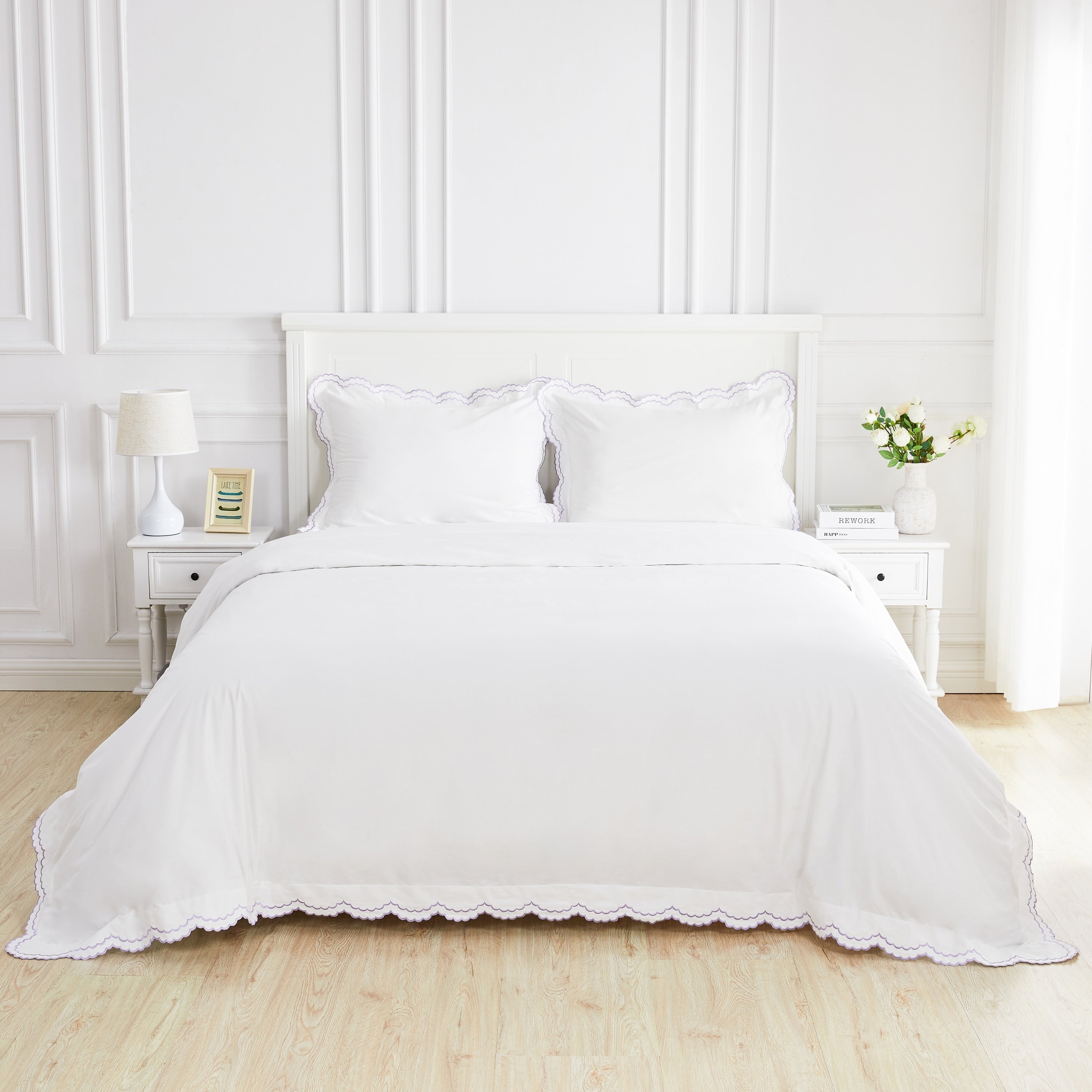 Parure de couette et taie d'oreiller double en percale de coton brodée et festonnée