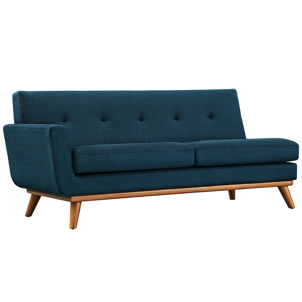 Causeuse à accoudoir gauche Engage, style moderne du milieu du siècle, tissu rembourré, couleur azur