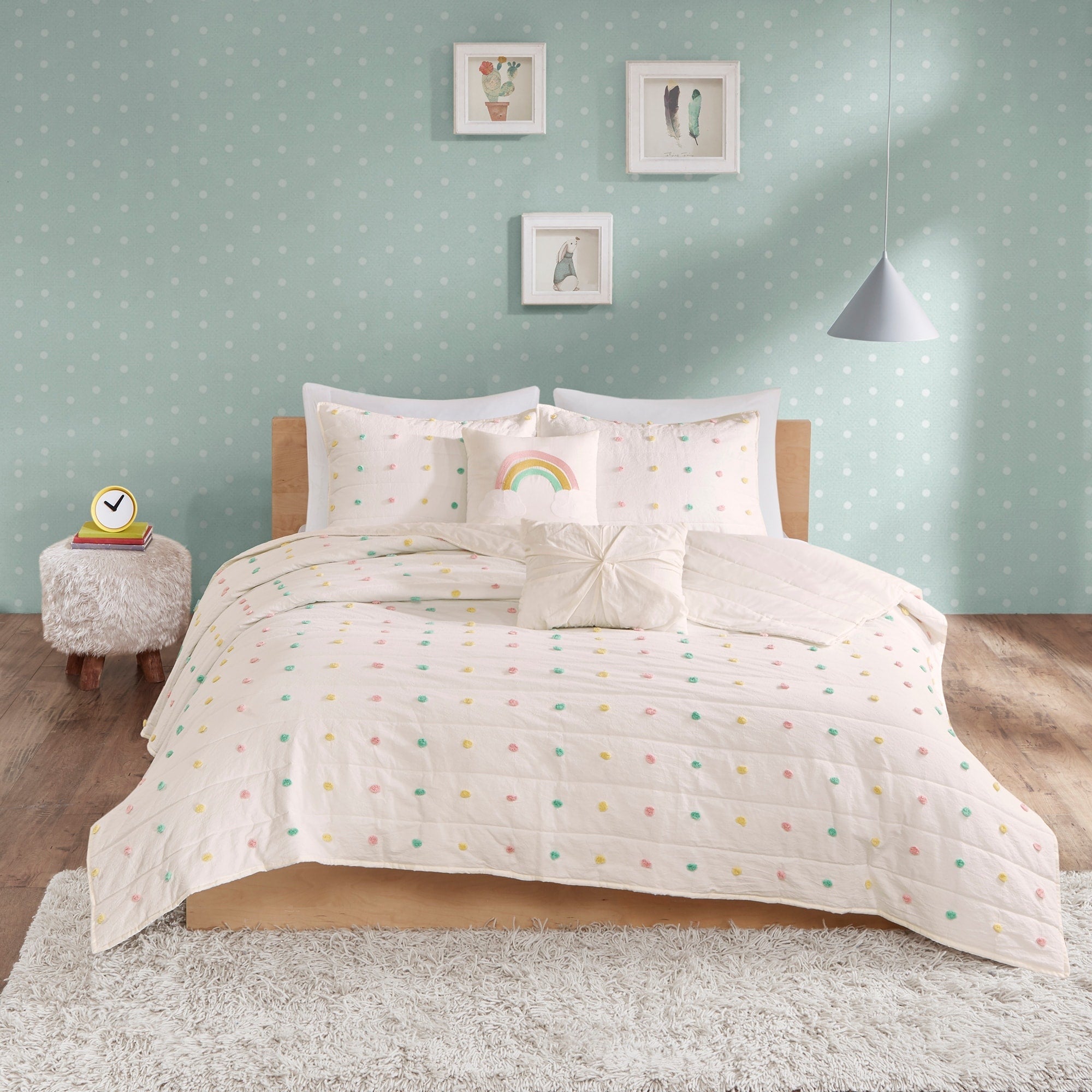 Parure de lit en jacquard de coton à pompons Ensley pour enfants au design intelligent avec coussins décoratifs