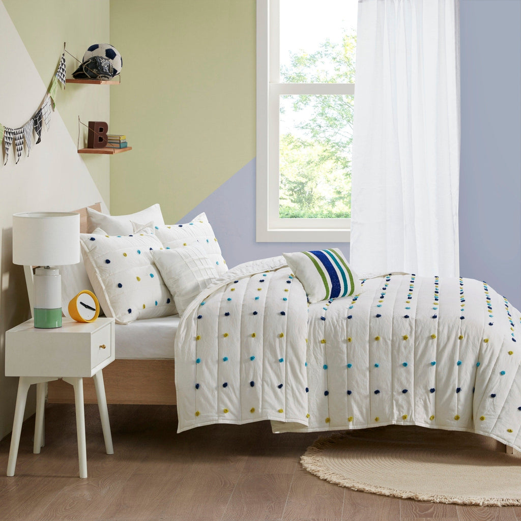 Parure de lit en jacquard de coton à pompons Ensley pour enfants au design intelligent avec coussins décoratifs