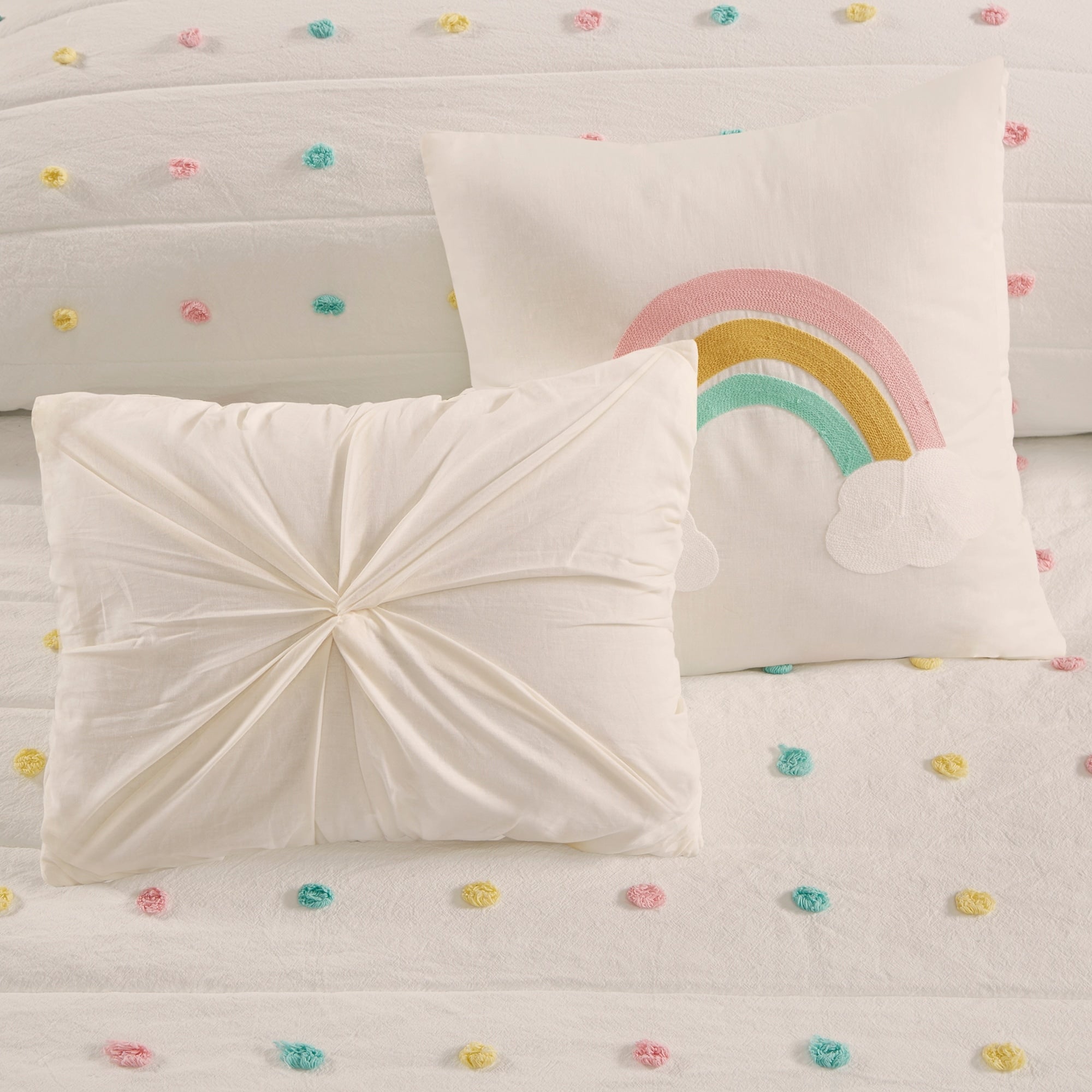 Parure de lit en jacquard de coton à pompons Ensley pour enfants au design intelligent avec coussins décoratifs