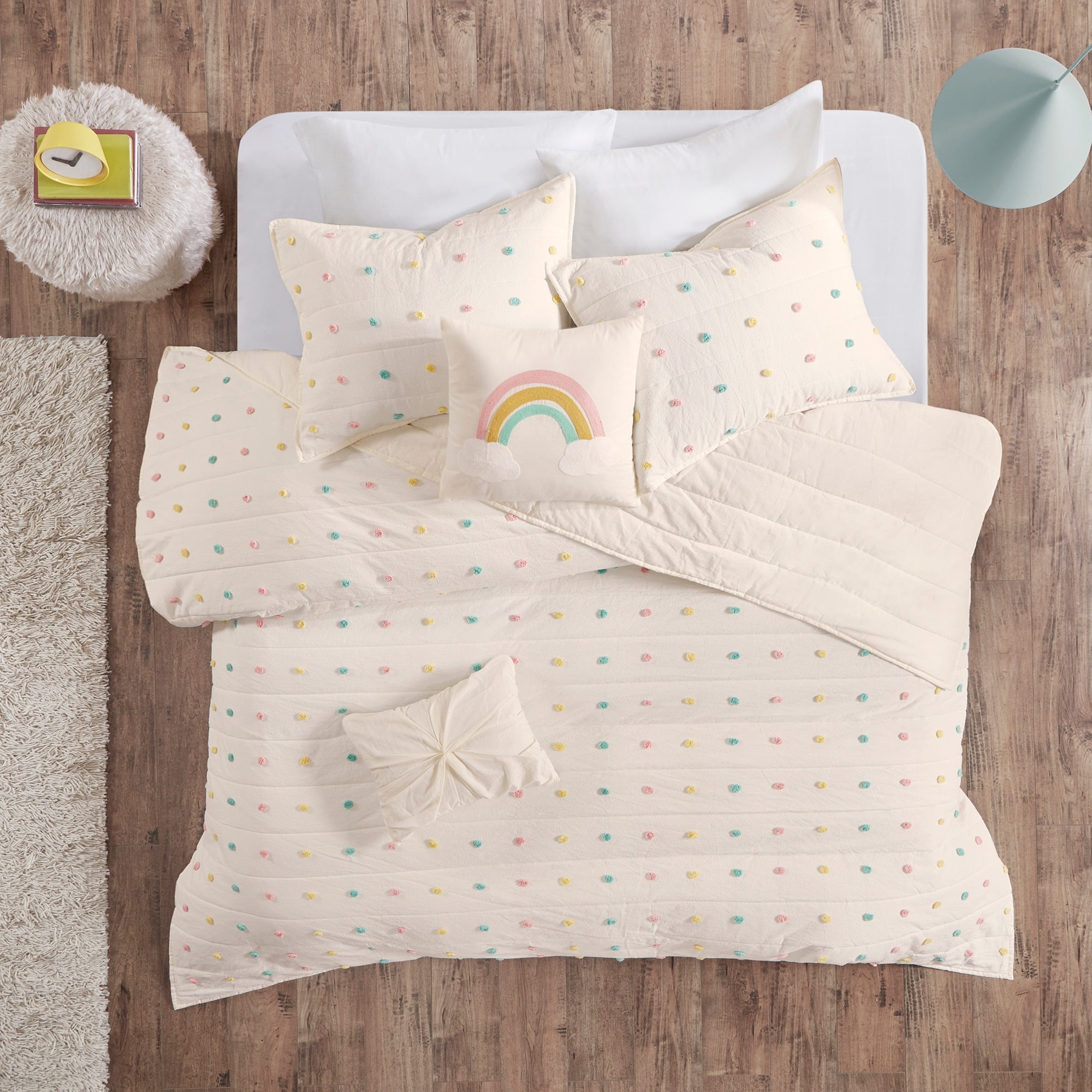 Parure de lit en jacquard de coton à pompons Ensley pour enfants au design intelligent avec coussins décoratifs