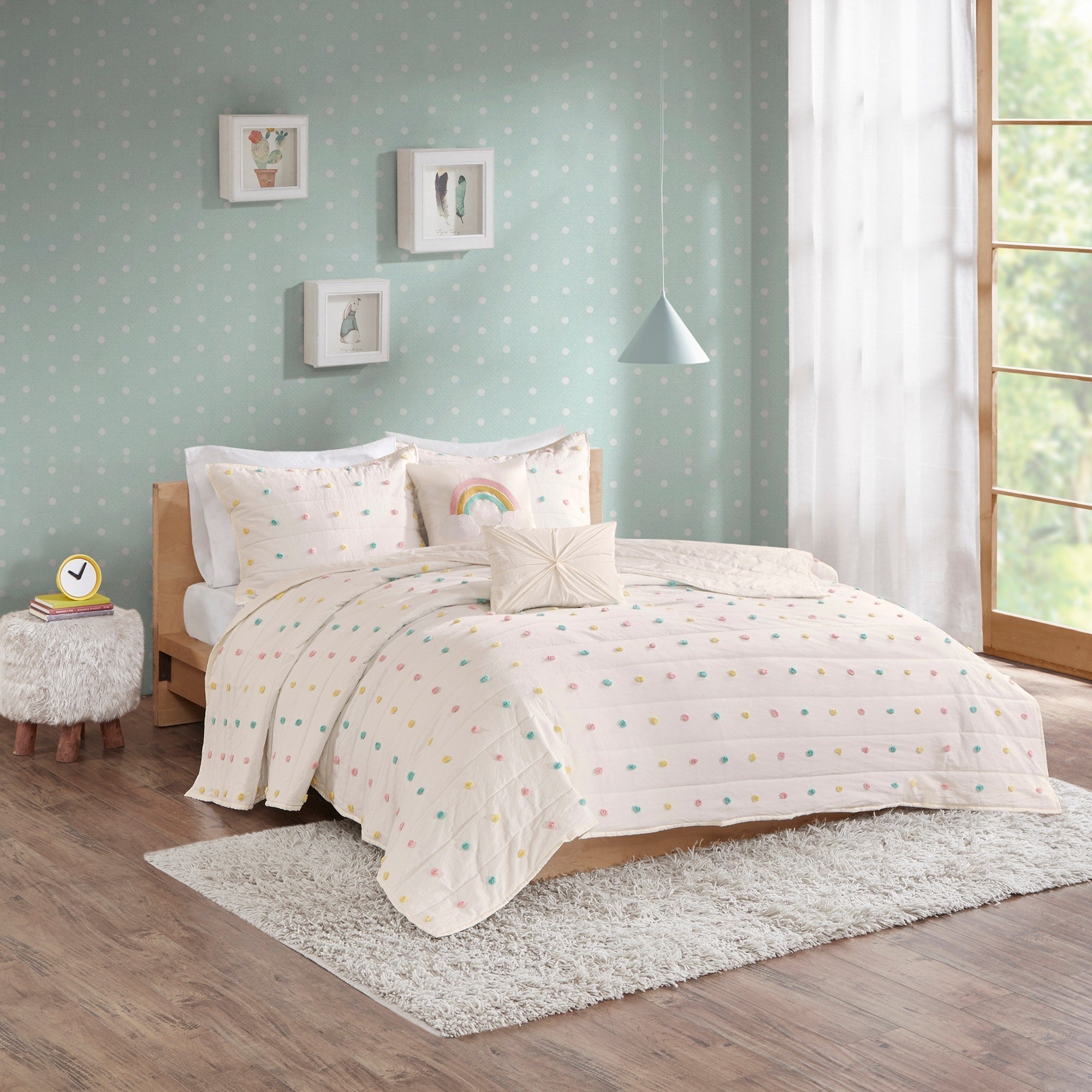 Parure de lit en jacquard de coton à pompons Ensley pour enfants au design intelligent avec coussins décoratifs
