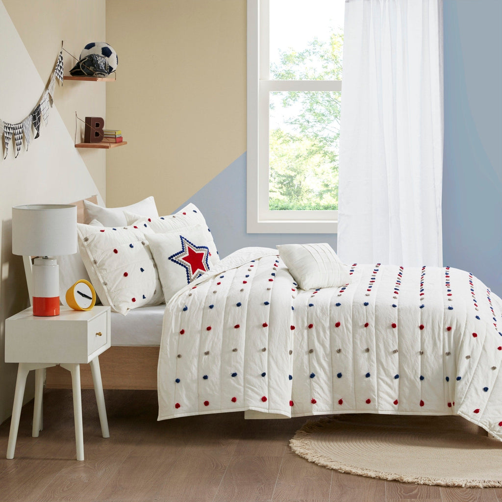 Parure de lit en jacquard de coton à pompons Ensley pour enfants au design intelligent avec coussins décoratifs