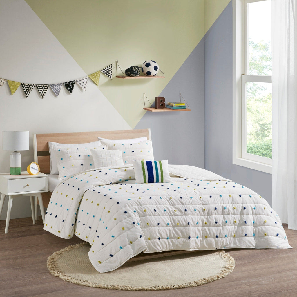 Parure de lit en jacquard de coton à pompons Ensley pour enfants au design intelligent avec coussins décoratifs