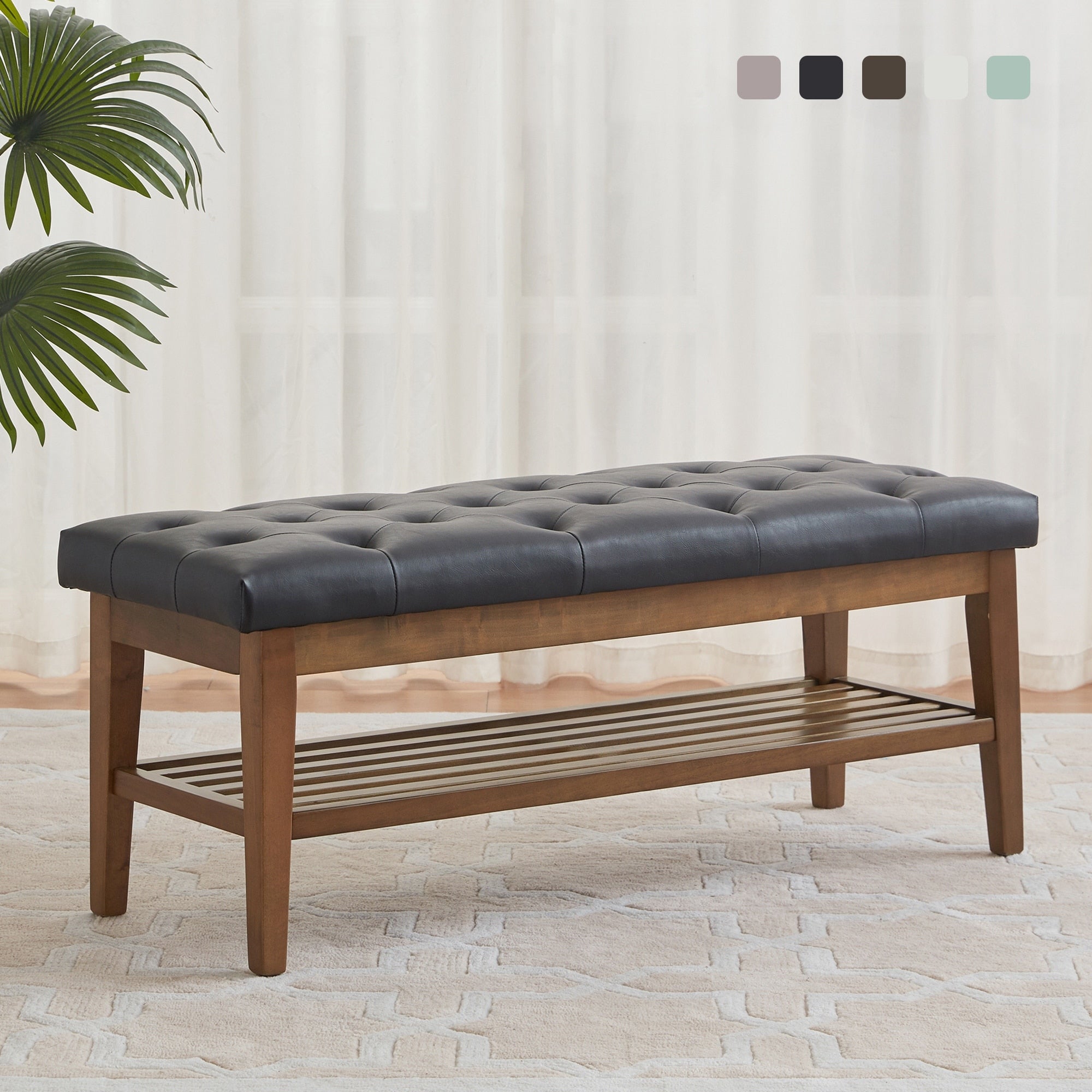 Banc à chaussures d'entrée, banc de rangement en tissu et bois massif, banc rembourré de 43 pouces pour salon et chambres