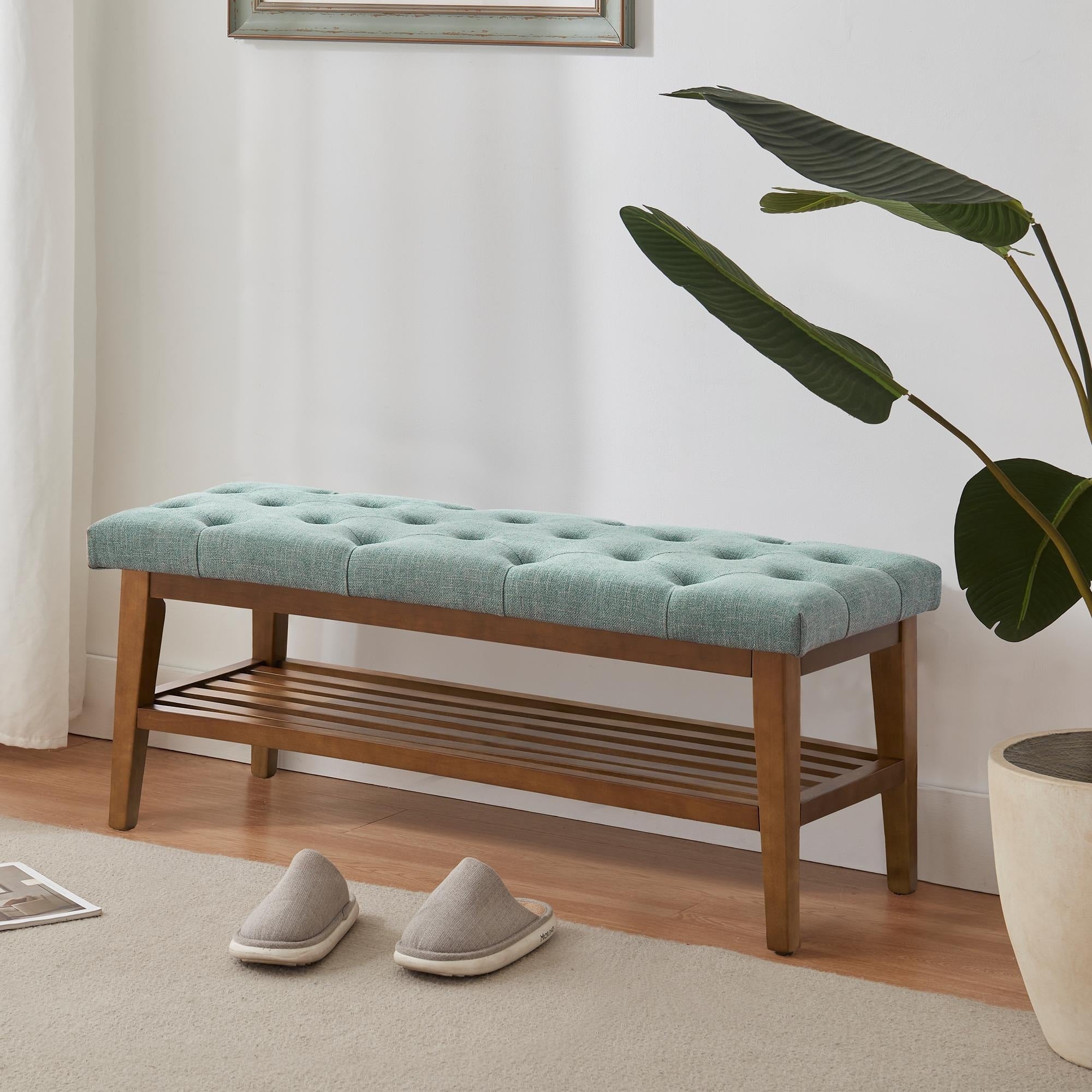 Banc à chaussures d'entrée, banc de rangement en tissu et bois massif, banc rembourré de 43 pouces pour salon et chambres