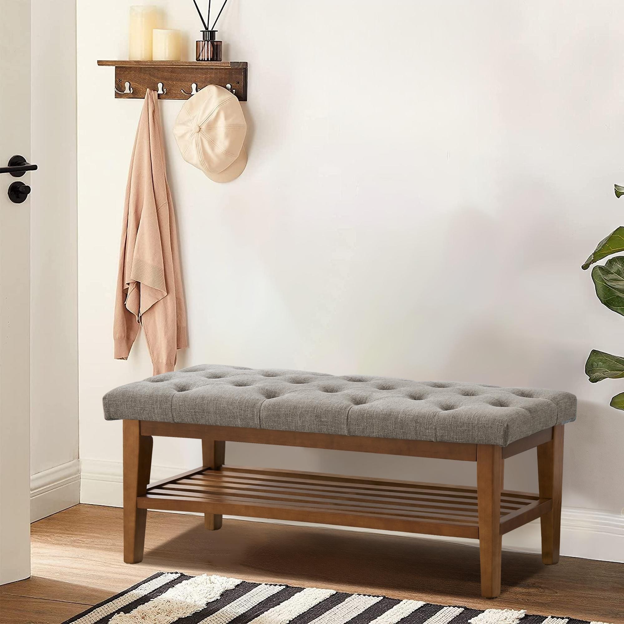 Banc à chaussures d'entrée, banc de rangement en tissu et bois massif, banc rembourré de 43 pouces pour salon et chambres