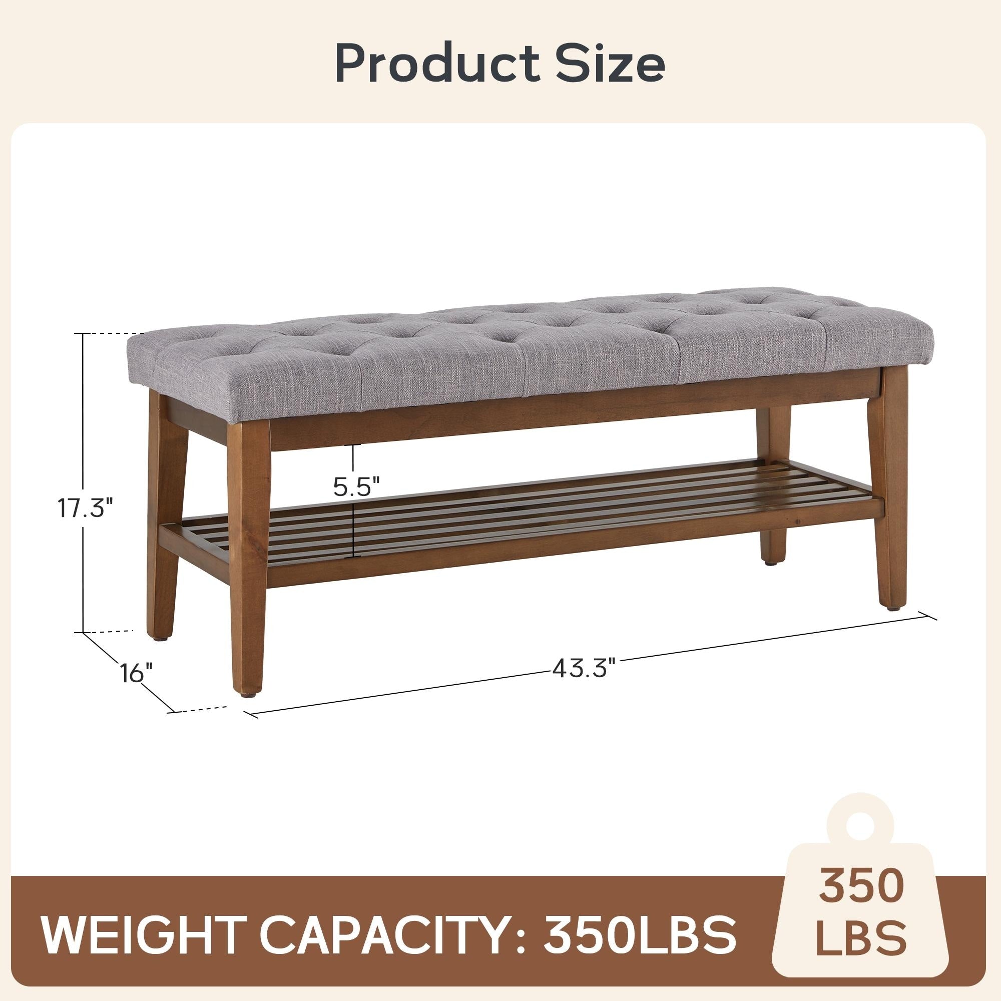 Banc à chaussures d'entrée, banc de rangement en tissu et bois massif, banc rembourré de 43 pouces pour salon et chambres