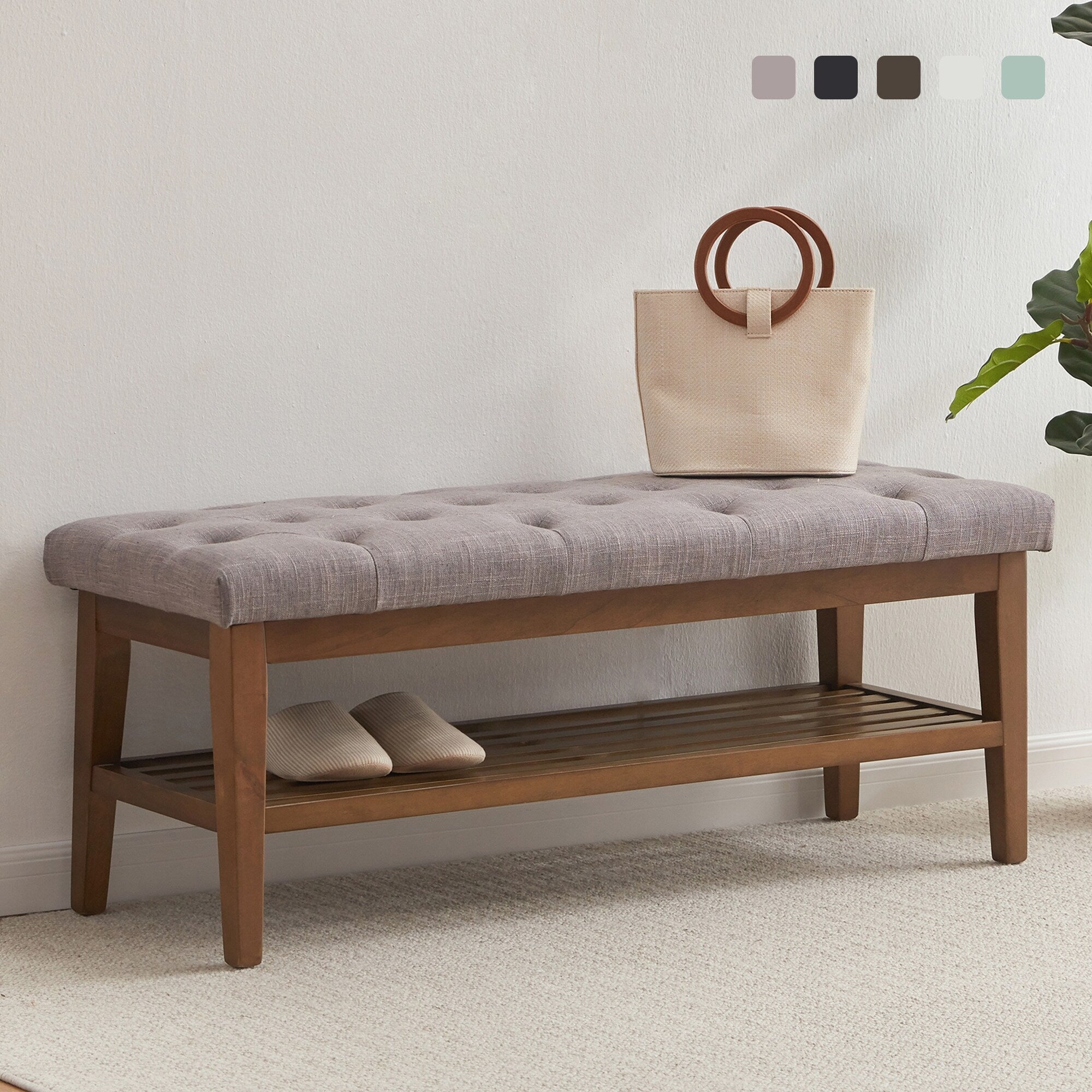 Banc à chaussures d'entrée, banc de rangement en tissu et bois massif, banc rembourré de 43 pouces pour salon et chambres
