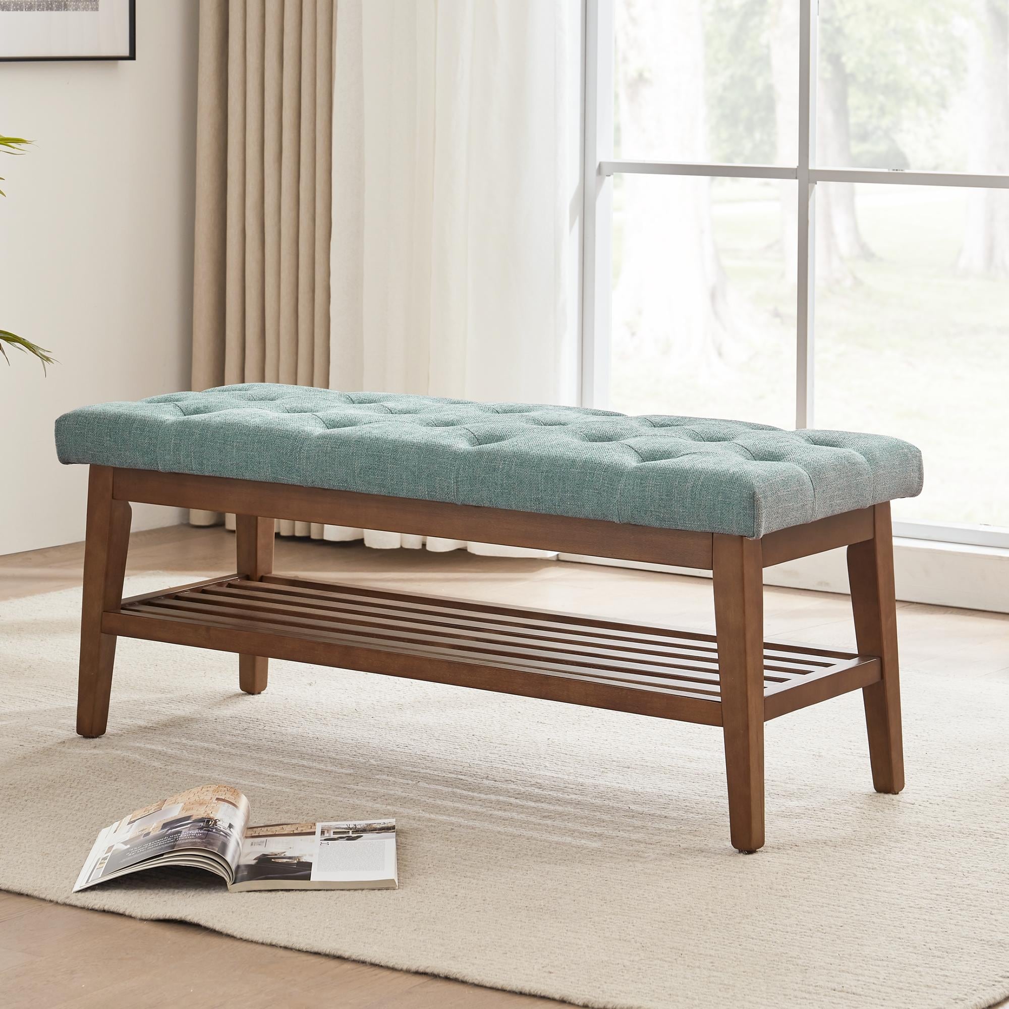 Banc à chaussures d'entrée, banc de rangement en tissu et bois massif, banc rembourré de 43 pouces pour salon et chambres