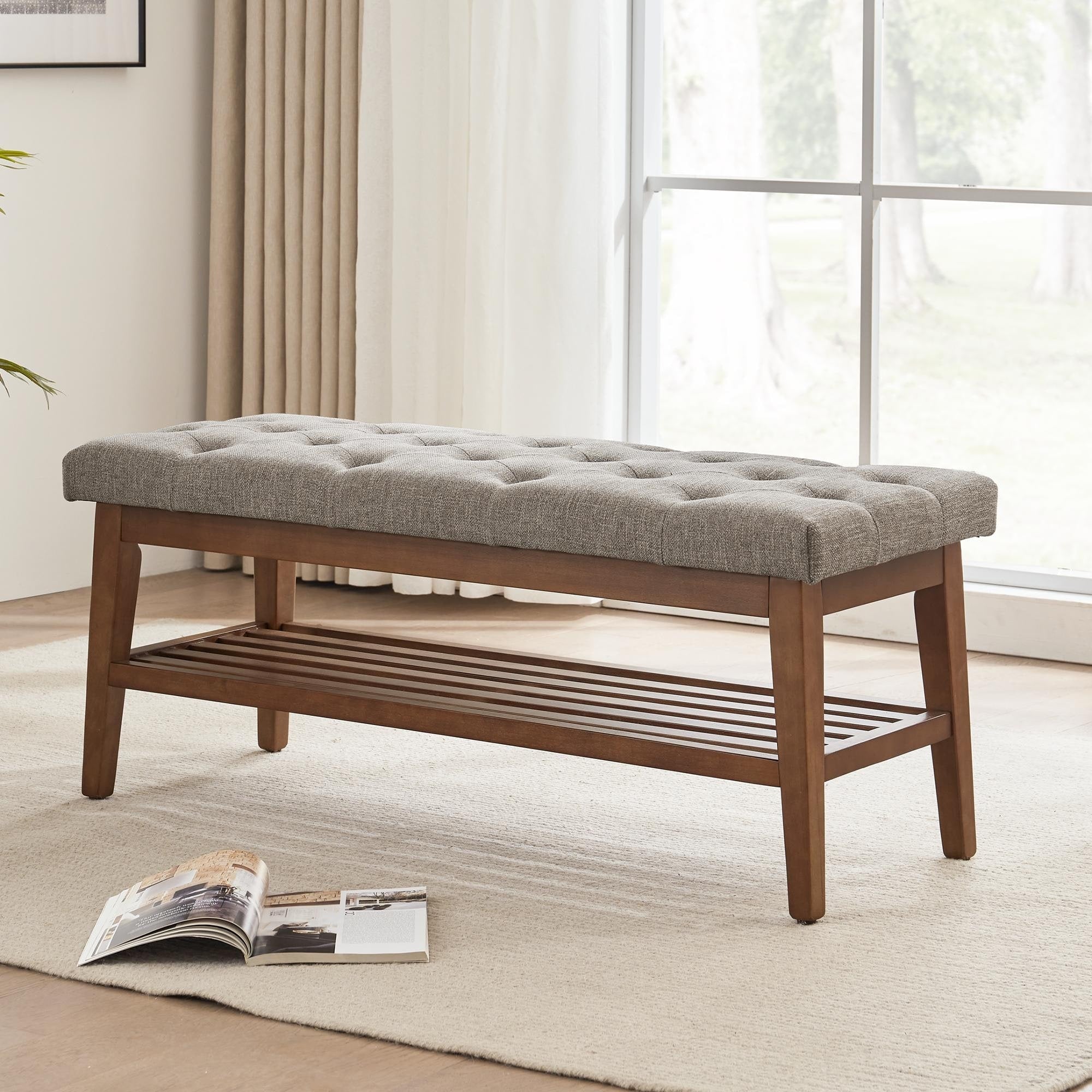 Banc à chaussures d'entrée, banc de rangement en tissu et bois massif, banc rembourré de 43 pouces pour salon et chambres