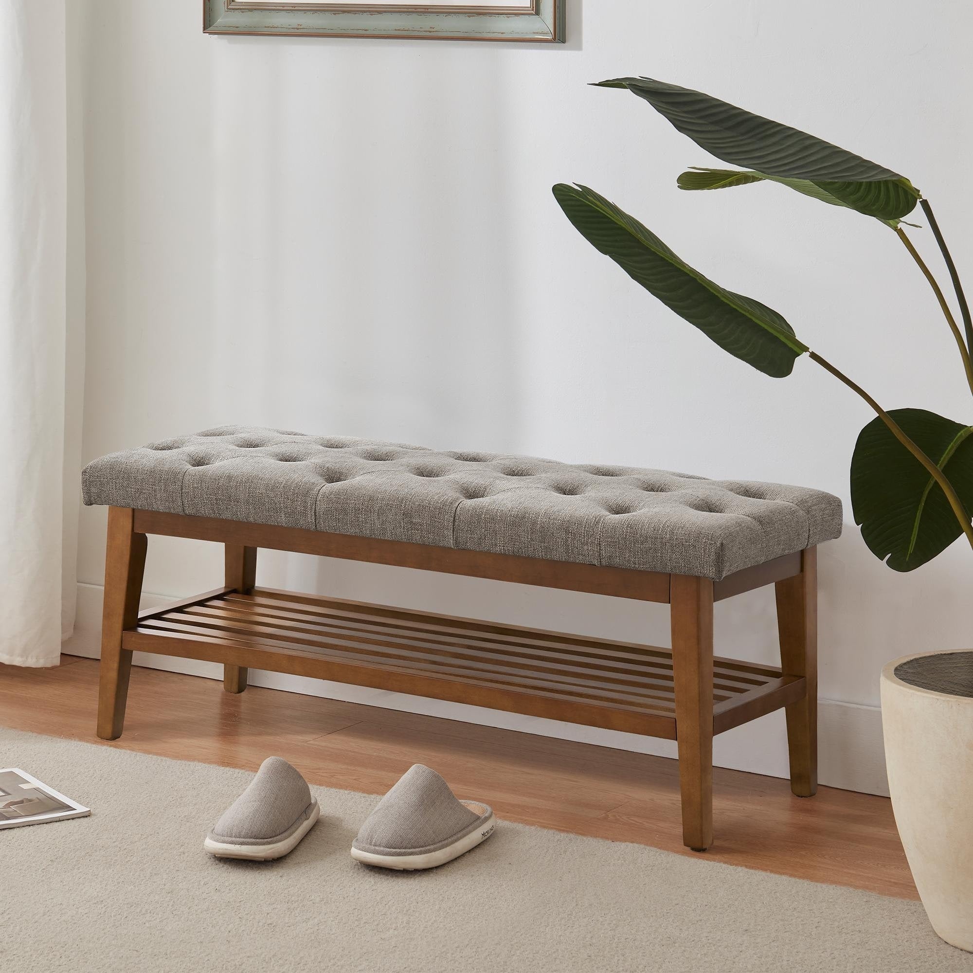 Banc à chaussures d'entrée, banc de rangement en tissu et bois massif, banc rembourré de 43 pouces pour salon et chambres