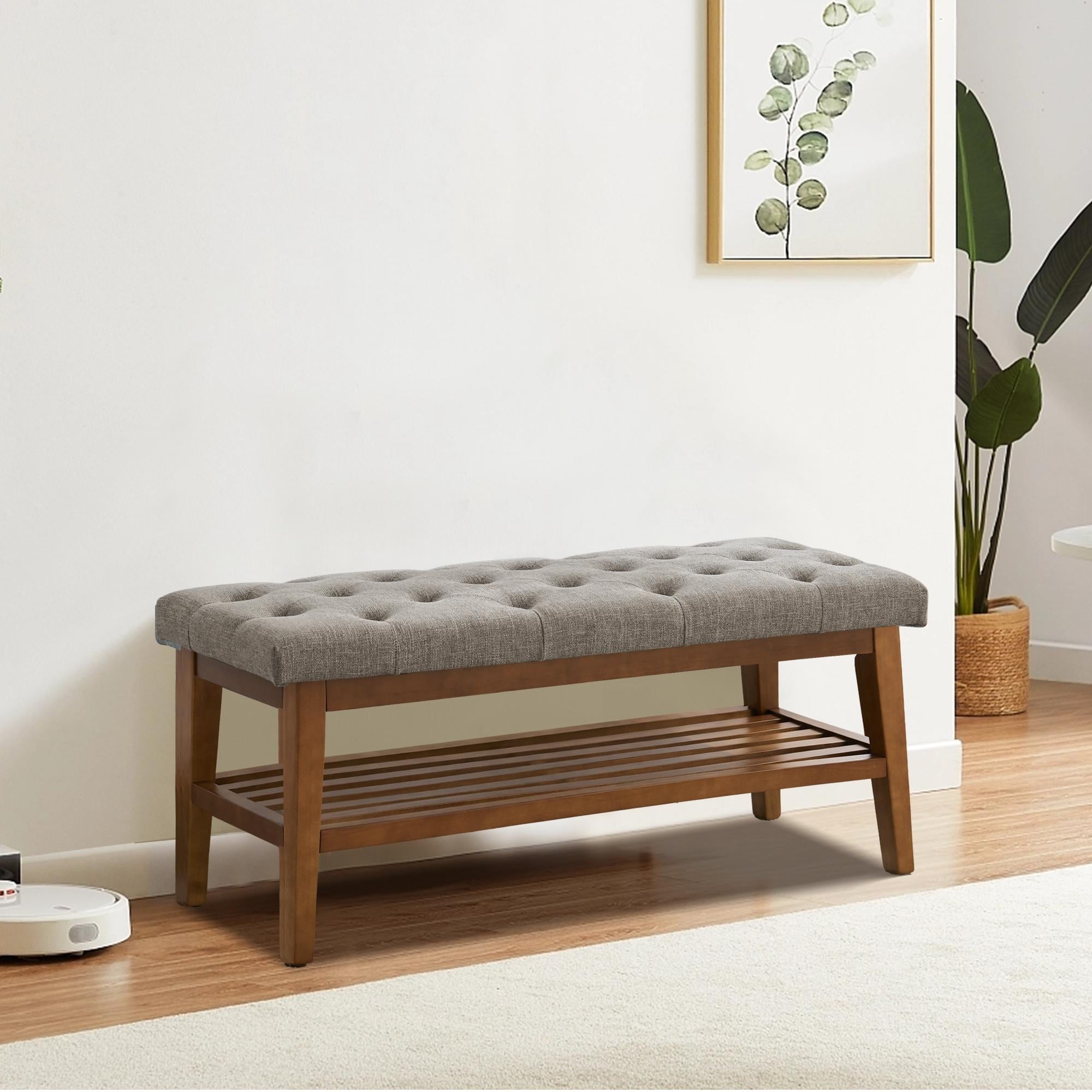 Banc à chaussures d'entrée, banc de rangement en tissu et bois massif, banc rembourré de 43 pouces pour salon et chambres