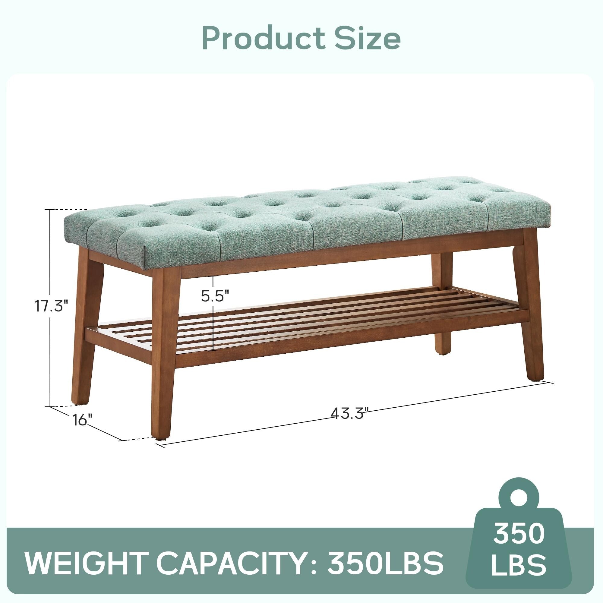 Banc à chaussures d'entrée, banc de rangement en tissu et bois massif, banc rembourré de 43 pouces pour salon et chambres