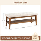 Banc à chaussures d'entrée, banc de rangement en tissu et bois massif, banc rembourré de 43 pouces pour salon et chambres