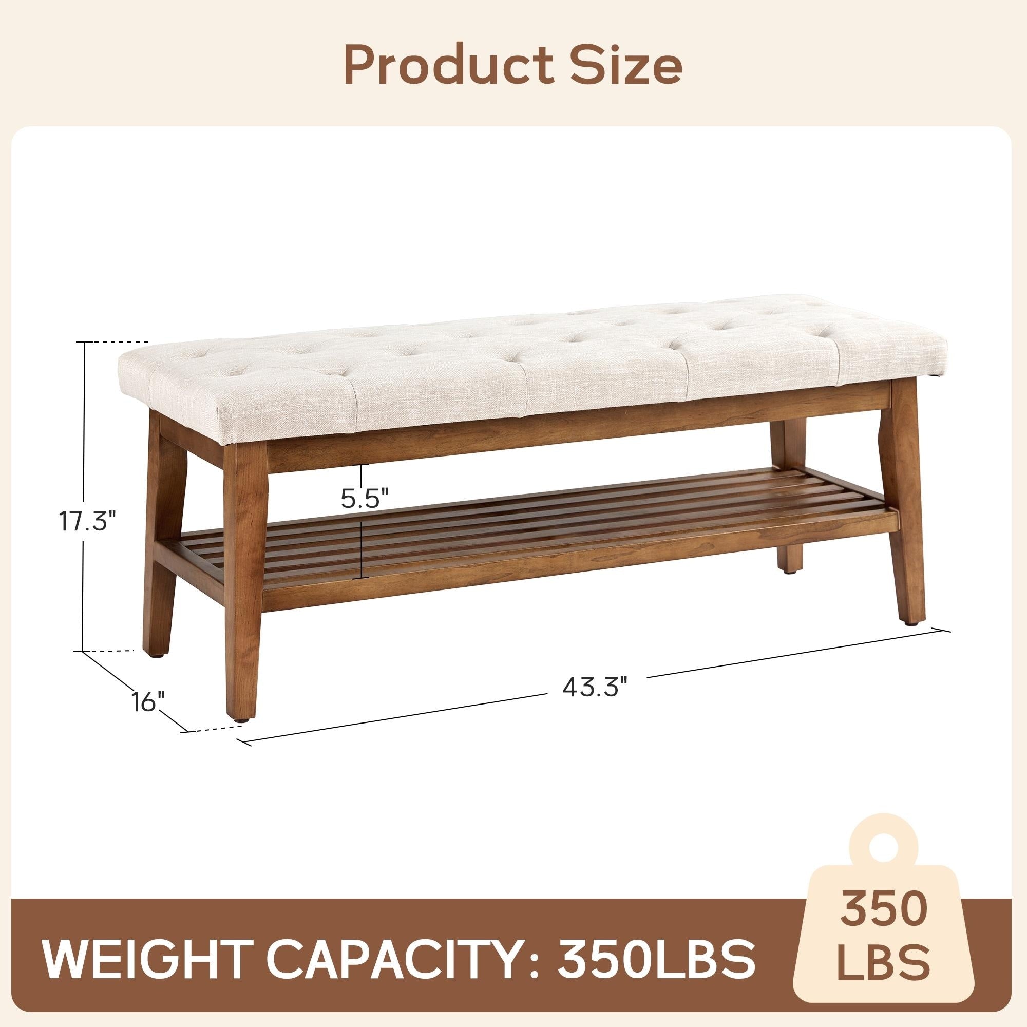 Banc à chaussures d'entrée, banc de rangement en tissu et bois massif, banc rembourré de 43 pouces pour salon et chambres